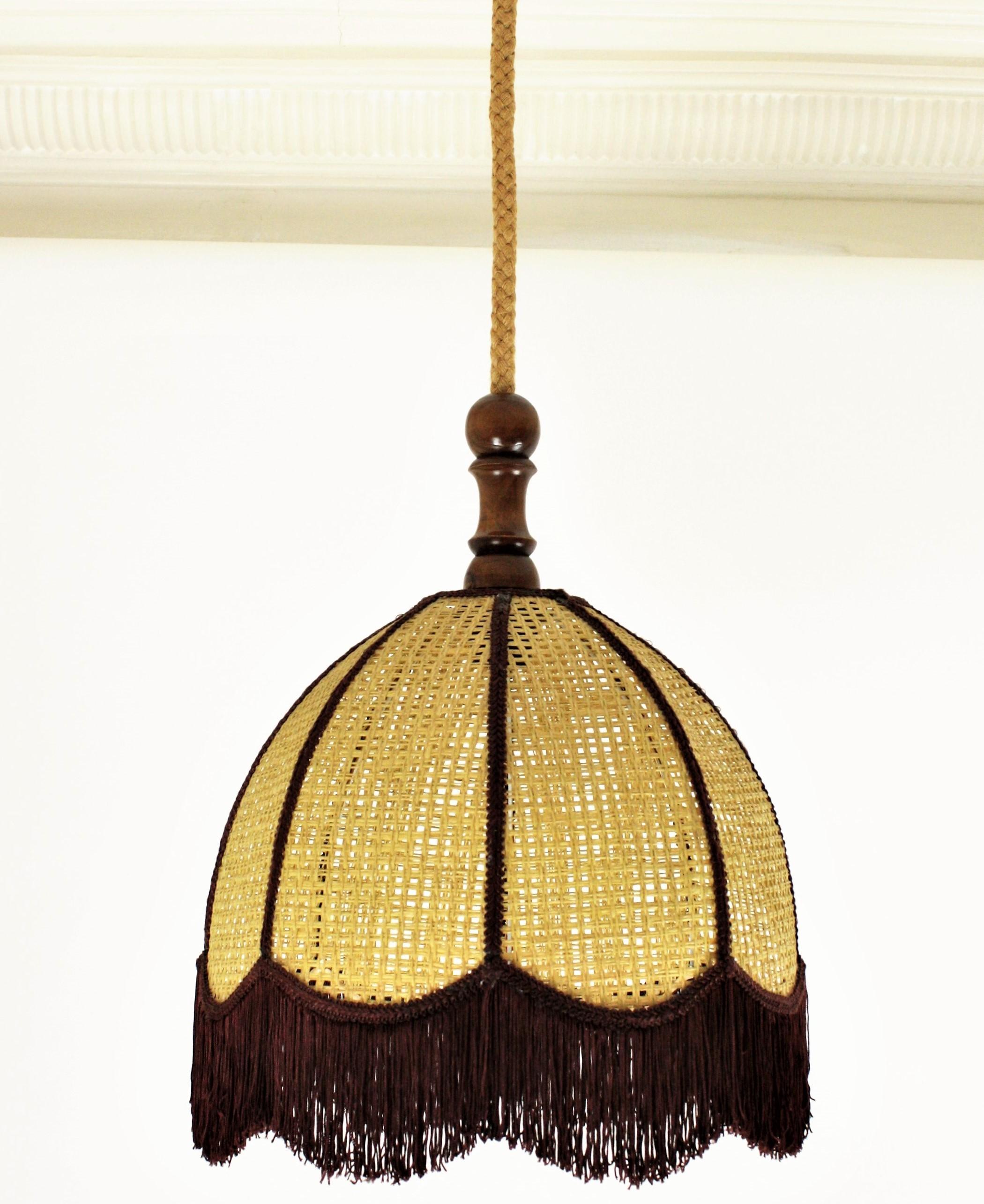 Rattan Wicker Bell Pendant Hanging Lamp with Fringe, Spain, 1970s 1