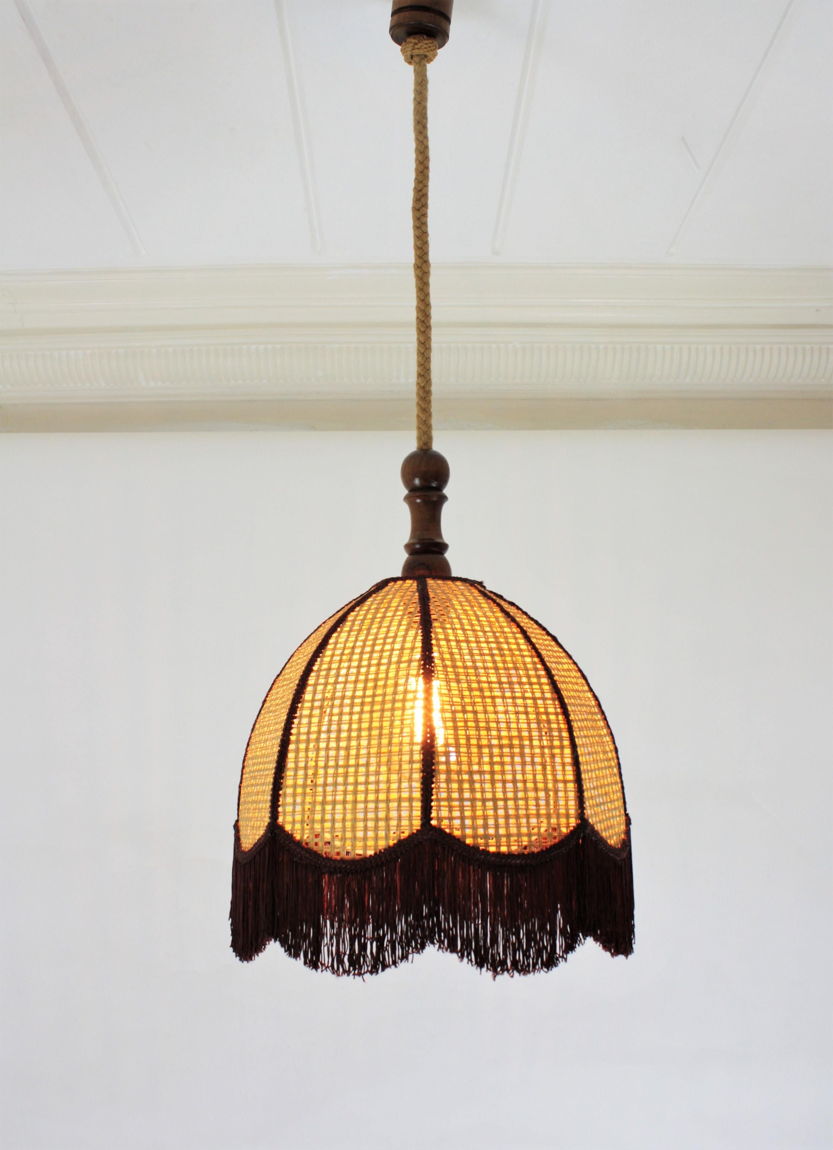 Rattan Wicker Bell Pendant Hanging Lamp with Fringe, Spain, 1970s 2