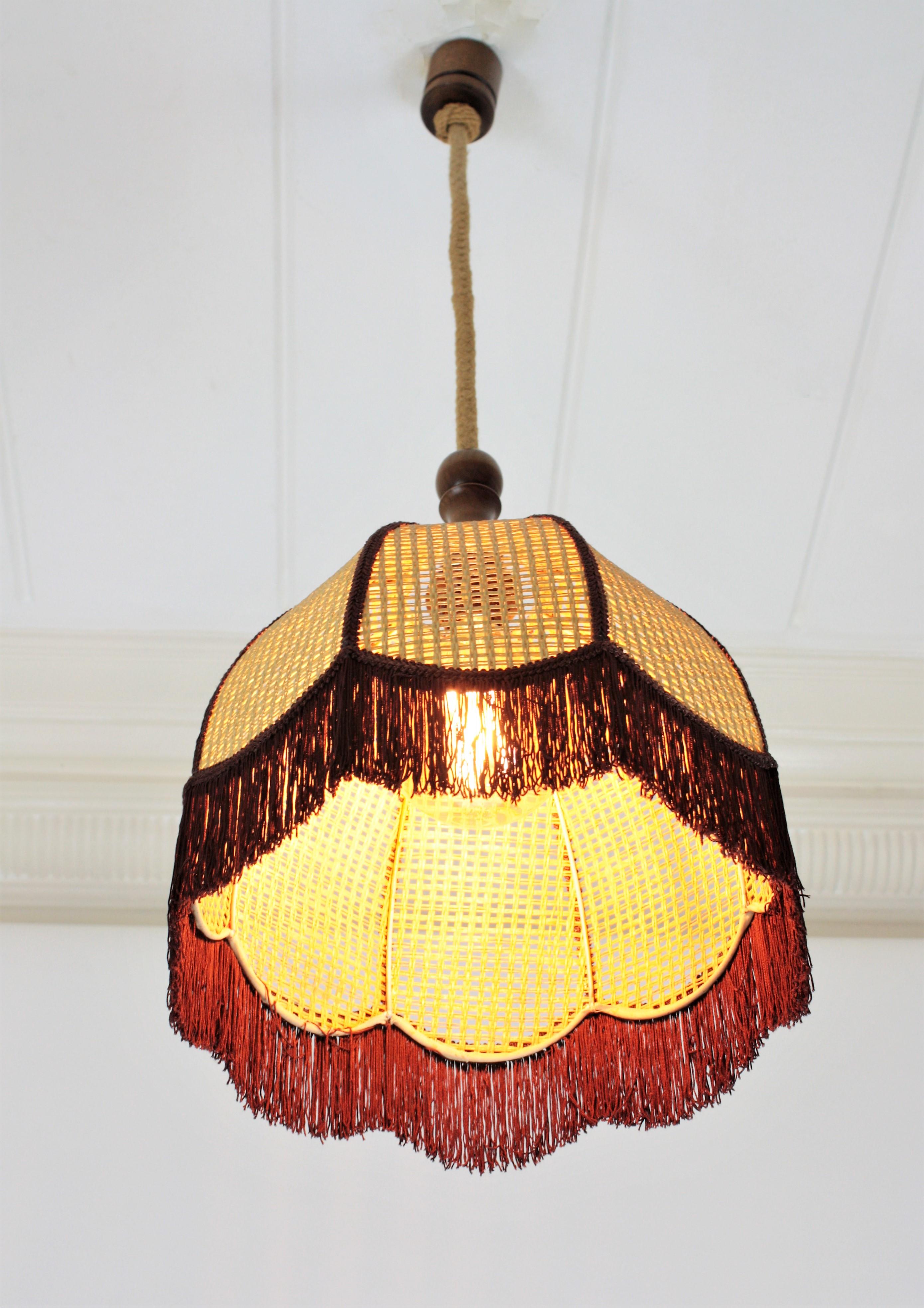 Rattan Wicker Bell Pendant Hanging Lamp with Fringe, Spain, 1970s 3