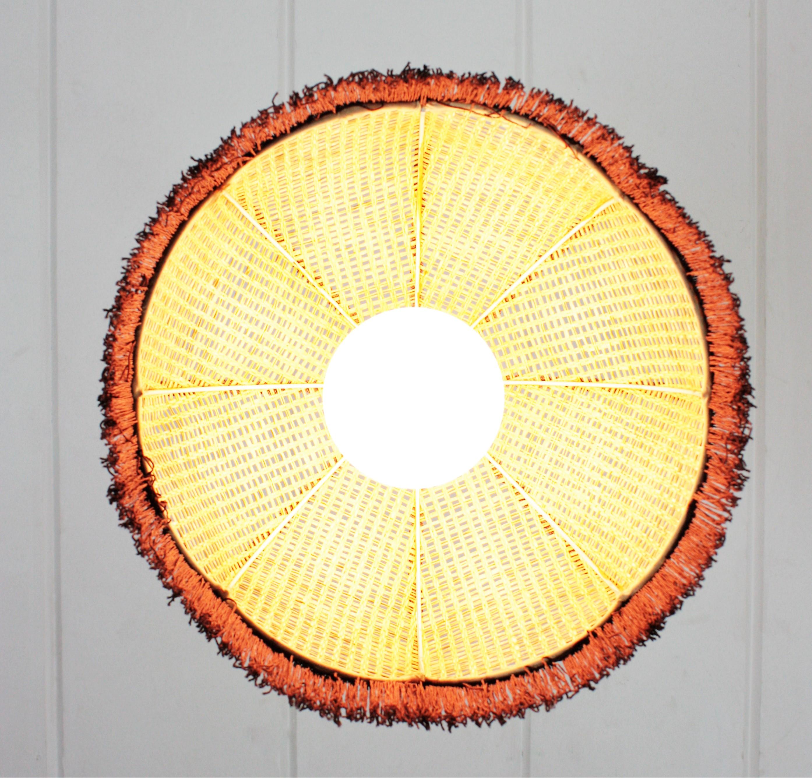 Rattan Wicker Bell Pendant Hanging Lamp with Fringe, Spain, 1970s 4