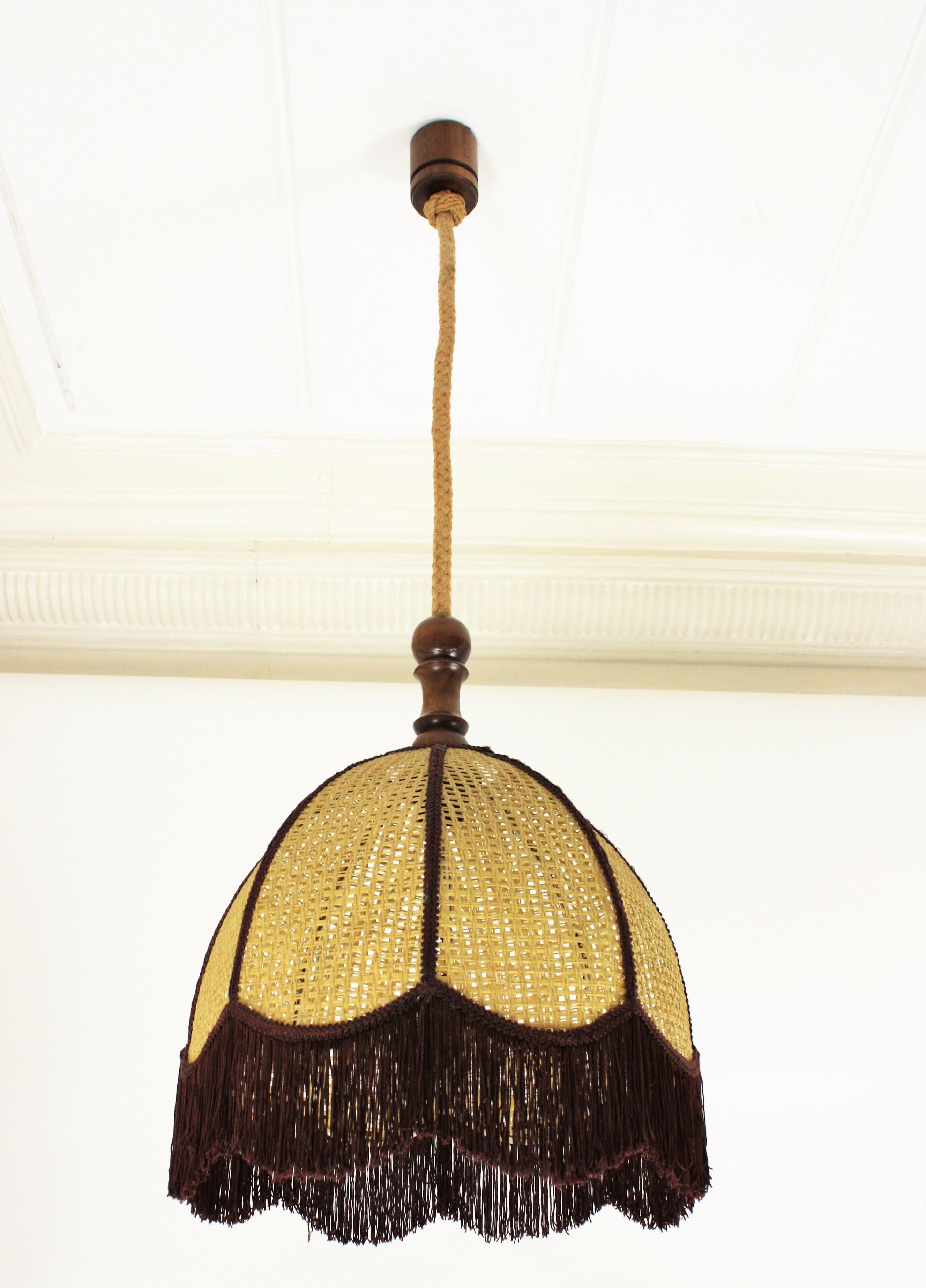 Rattan Wicker Bell Pendant Hanging Lamp with Fringe, Spain, 1970s 5
