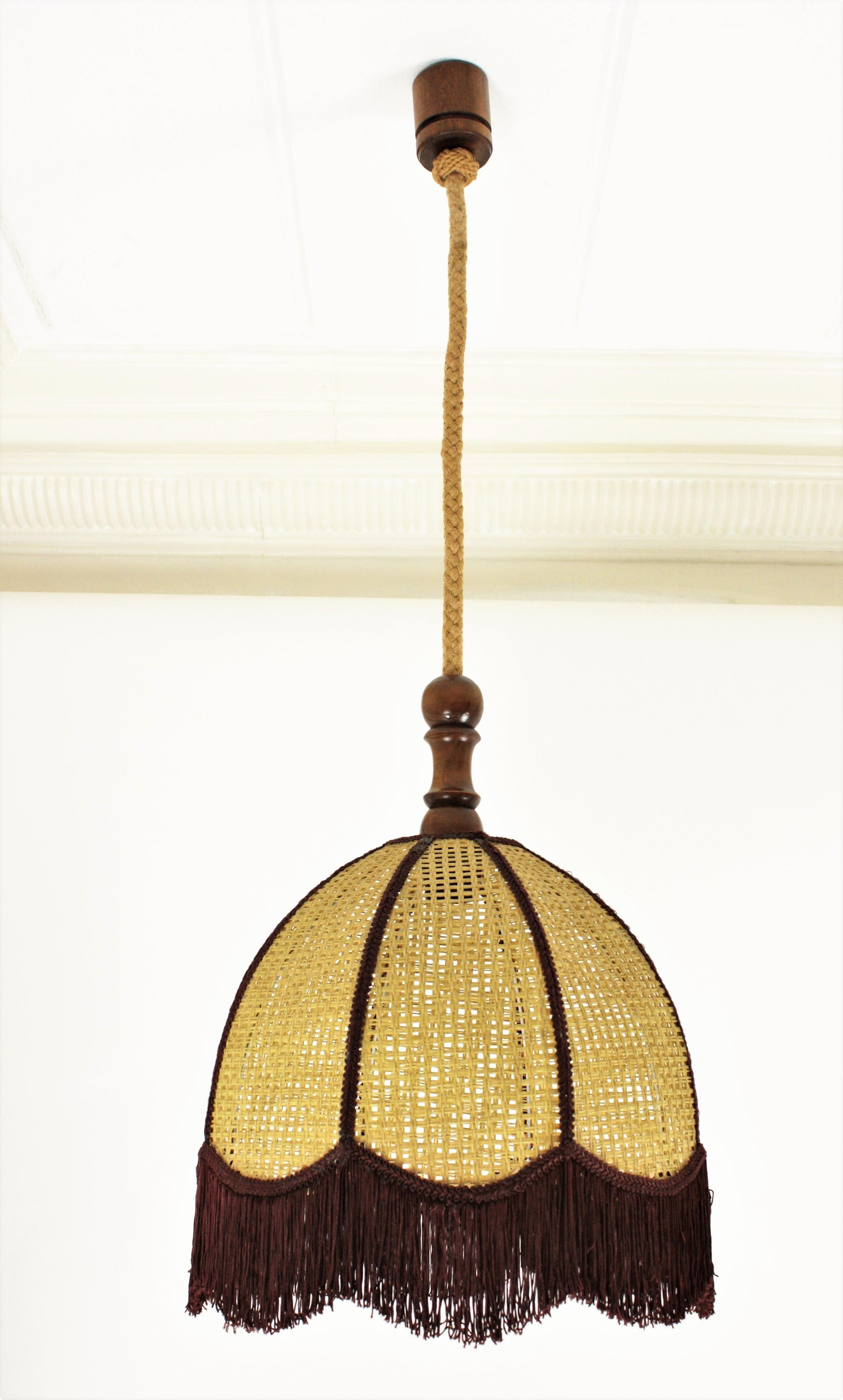 Rattan Wicker Bell Pendant Hanging Lamp with Fringe, Spain, 1970s 7
