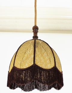 Rattan Wicker Bell Pendant Hanging Lamp with Fringe, Spain, 1970s