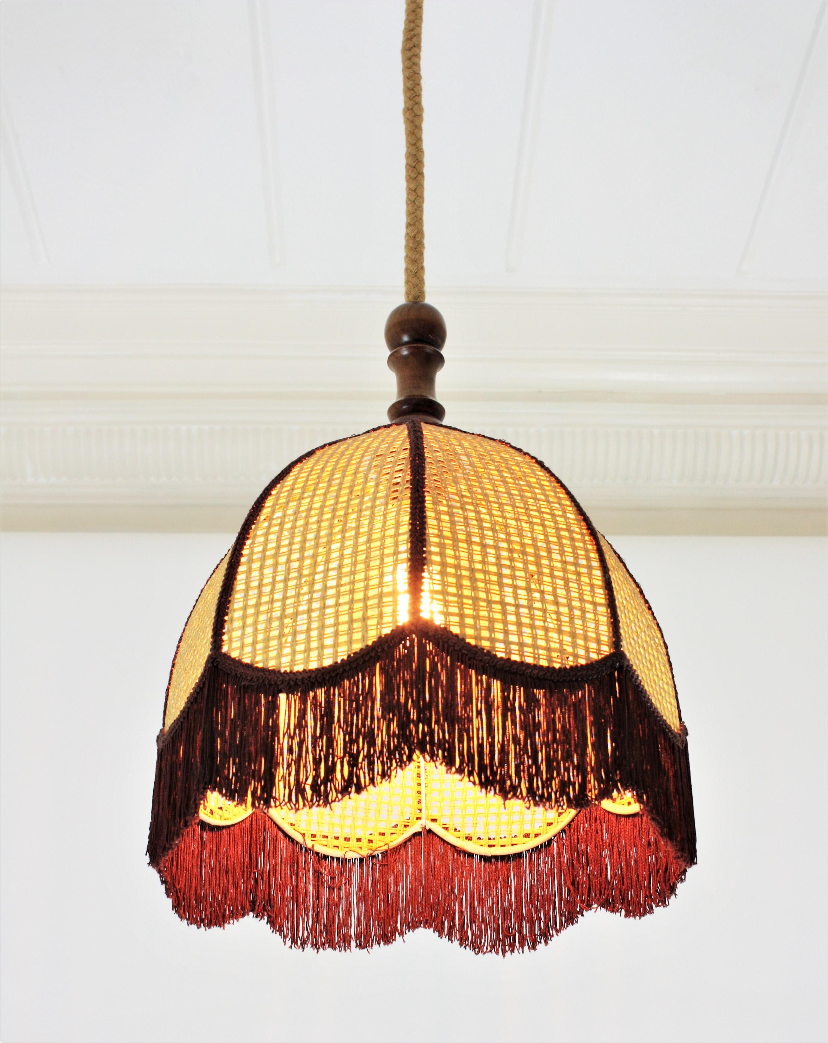 Mid-Century Modern Rattan Wicker Bell Pendant Hanging Lamp with Fringe, Spain, 1970s