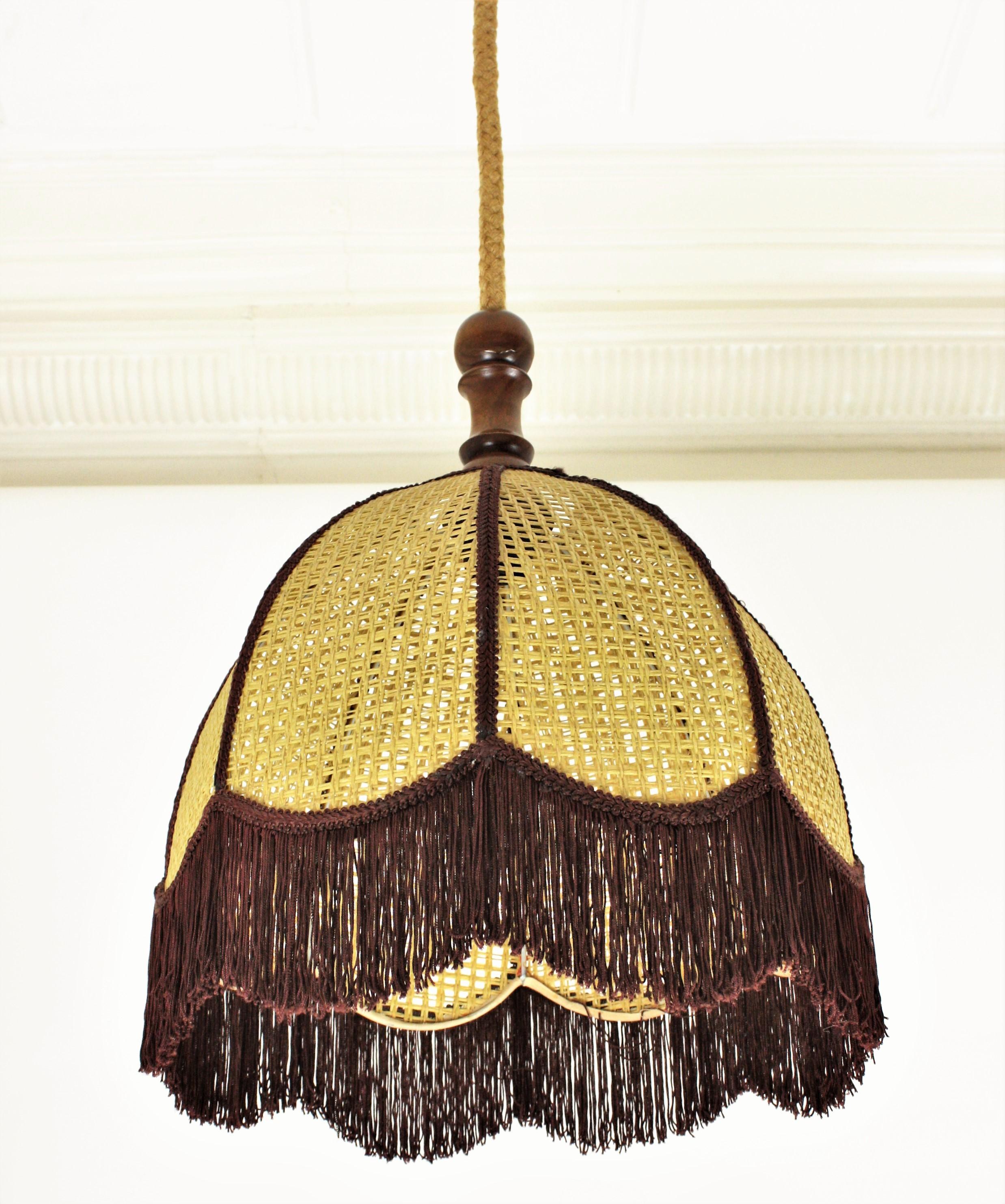 20th Century Rattan Wicker Bell Pendant Hanging Lamp with Fringe, Spain, 1970s