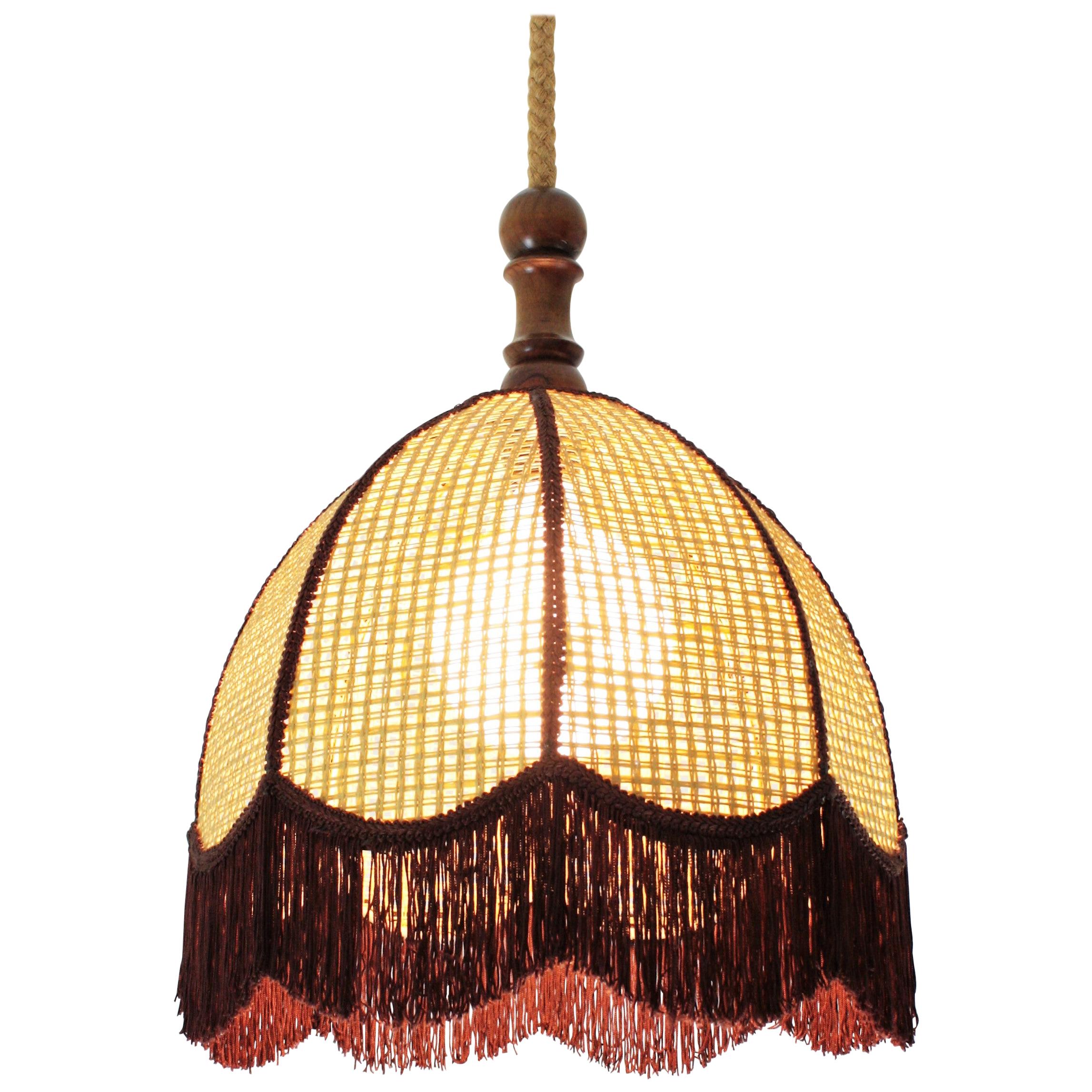 Rattan Wicker Bell Pendant Hanging Lamp with Fringe, Spain, 1970s