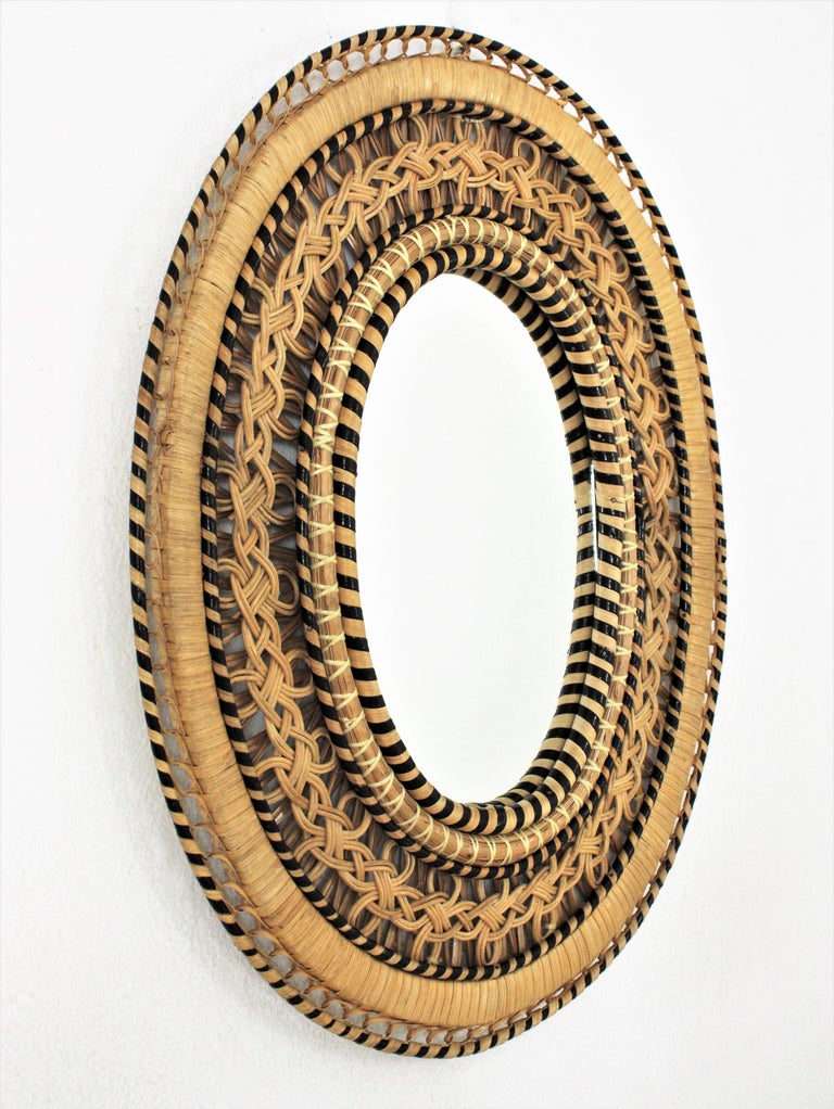 Rattan Wicker Braided Emmanuelle Peacock Oval Mirror, 1970s For Sale at ...