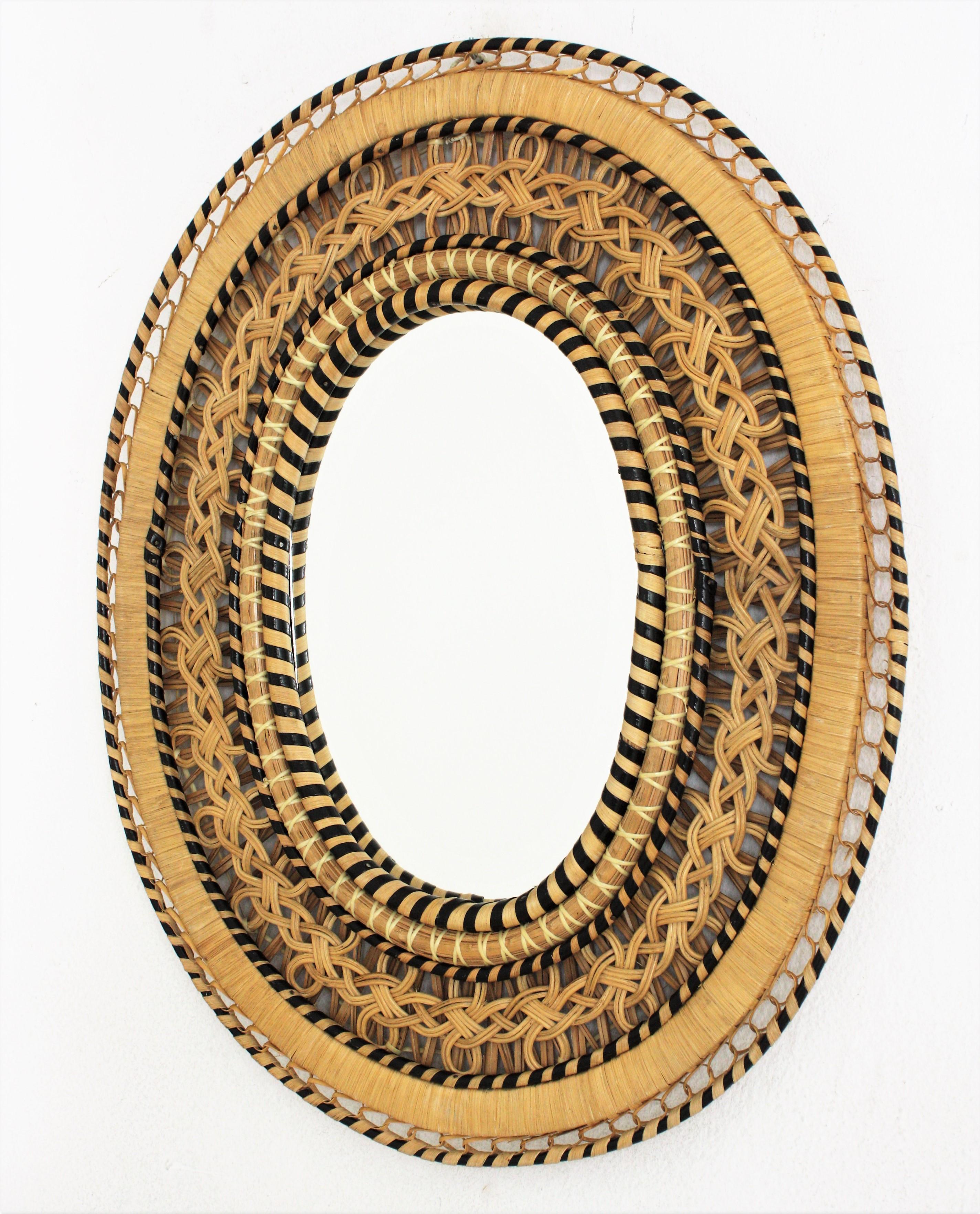 Spanish Rattan Woven Wicker Oval Mirror, 1970s  For Sale
