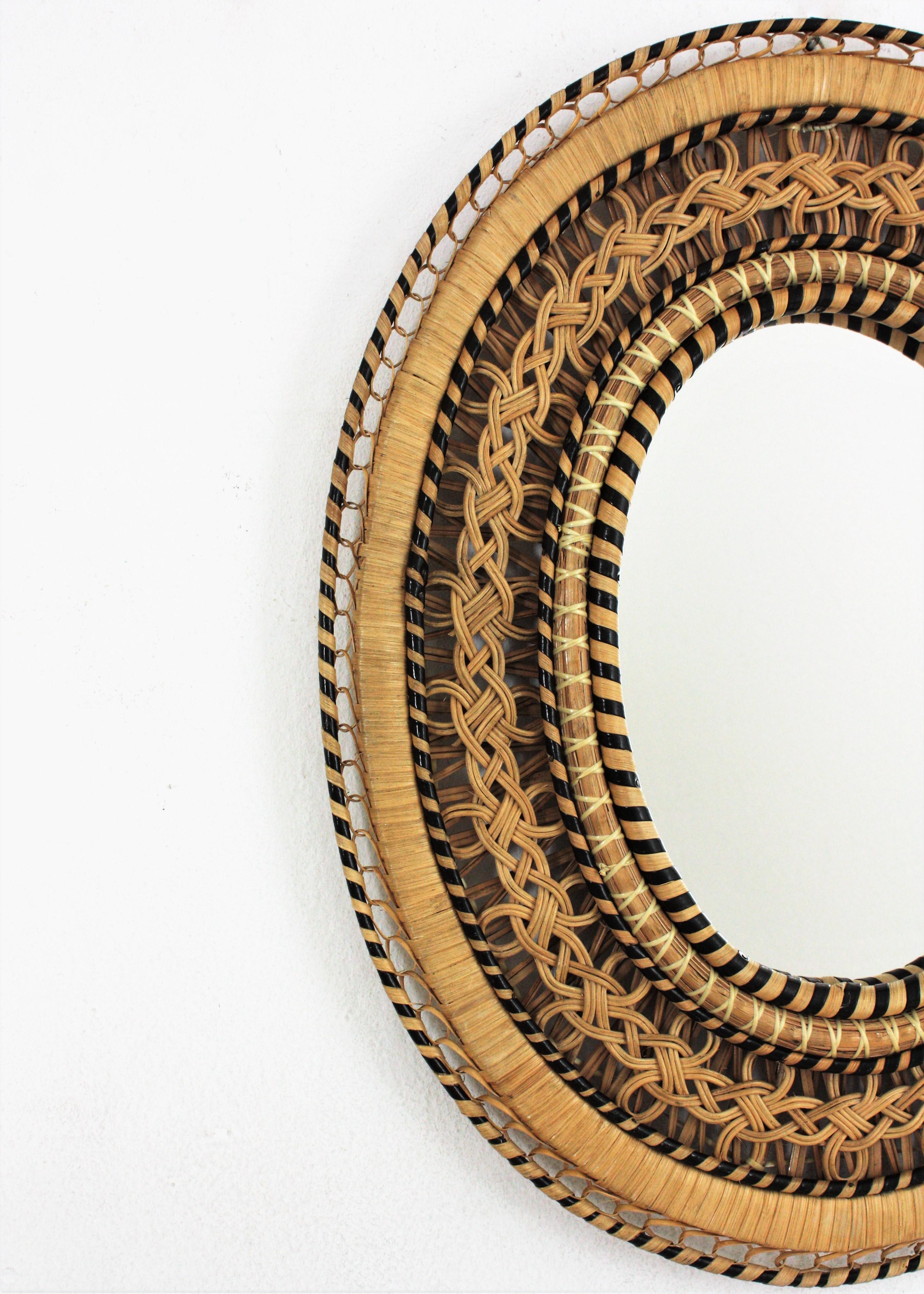 Hand-Woven Rattan Woven Wicker Oval Mirror, 1970s  For Sale