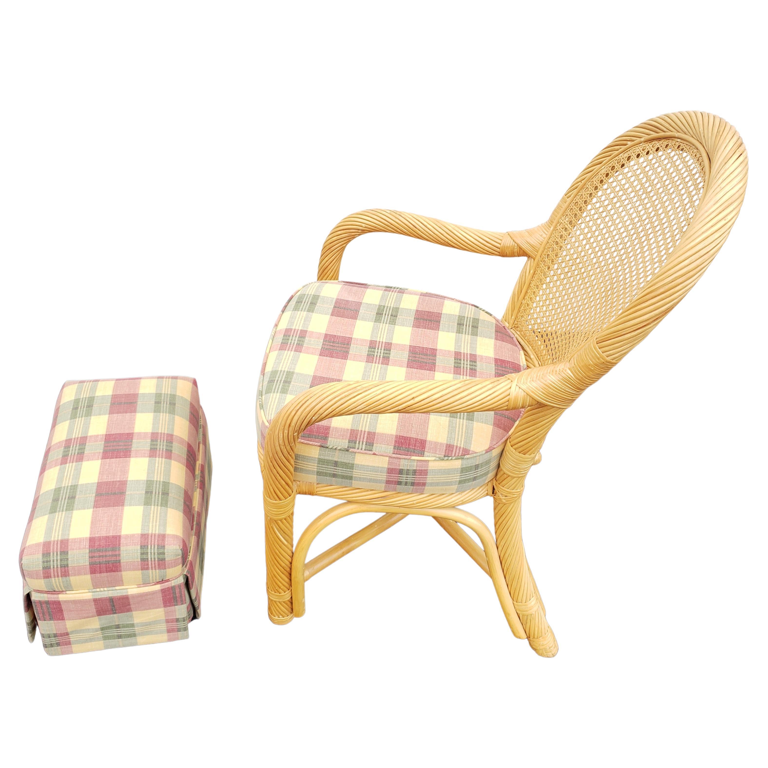 Rattan Wicker Caned Back Upholstered Chair with Ottoman, Circa 1980s For Sale 1