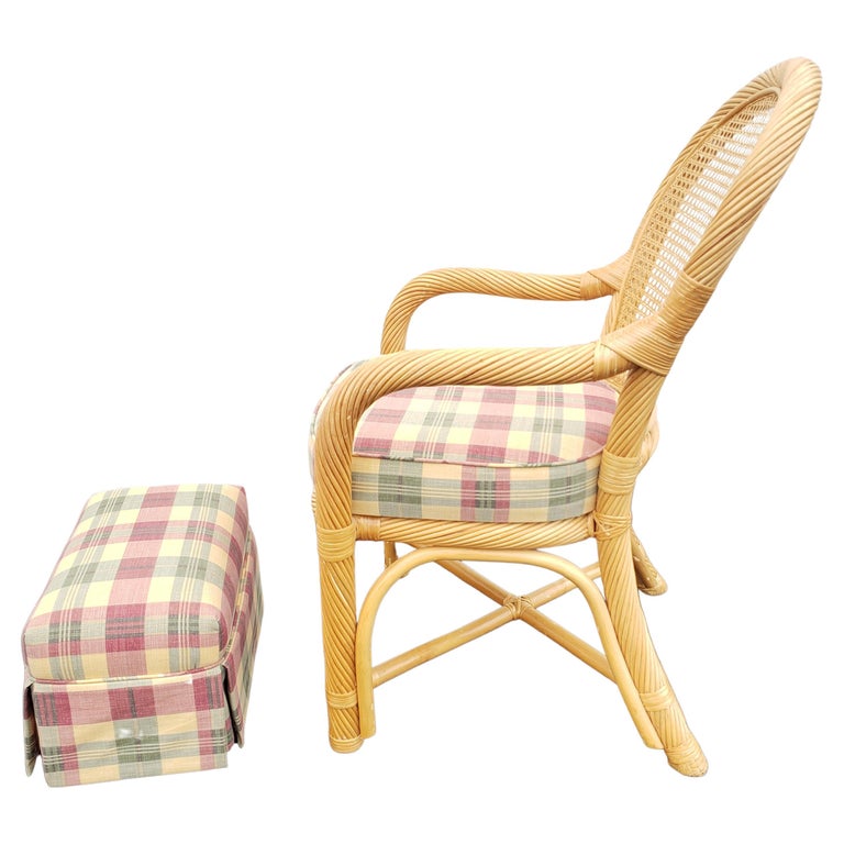Rattan Wicker Caned Back Upholstered Chair with Ottoman, Circa 1980s For Sale 3