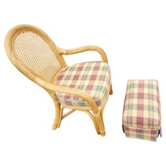 Rattan Wicker Caned Back Upholstered Chair with Ottoman, Circa 1980s