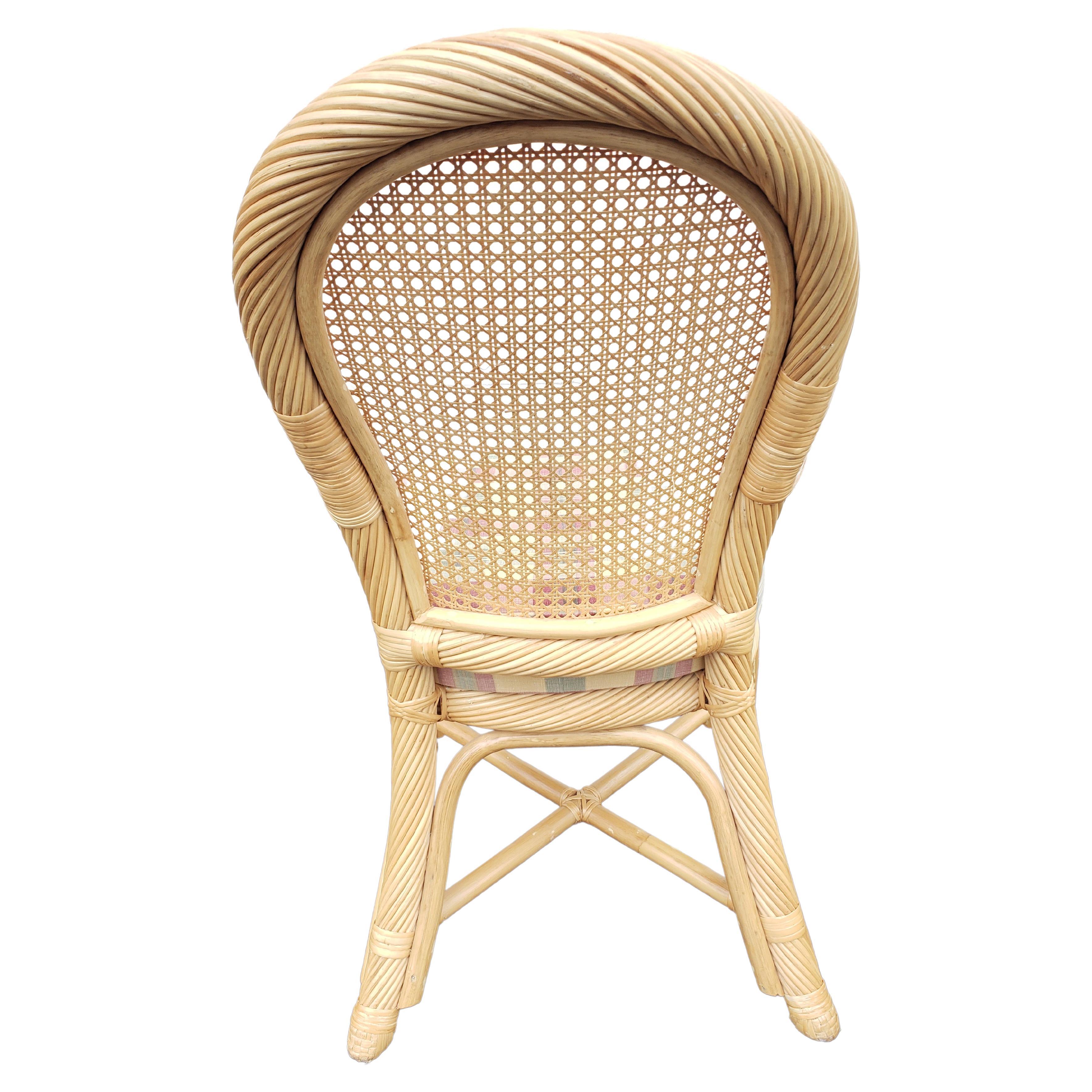 American Rattan Wicker Caned Back Upholstered Chair with Ottoman, Circa 1980s For Sale