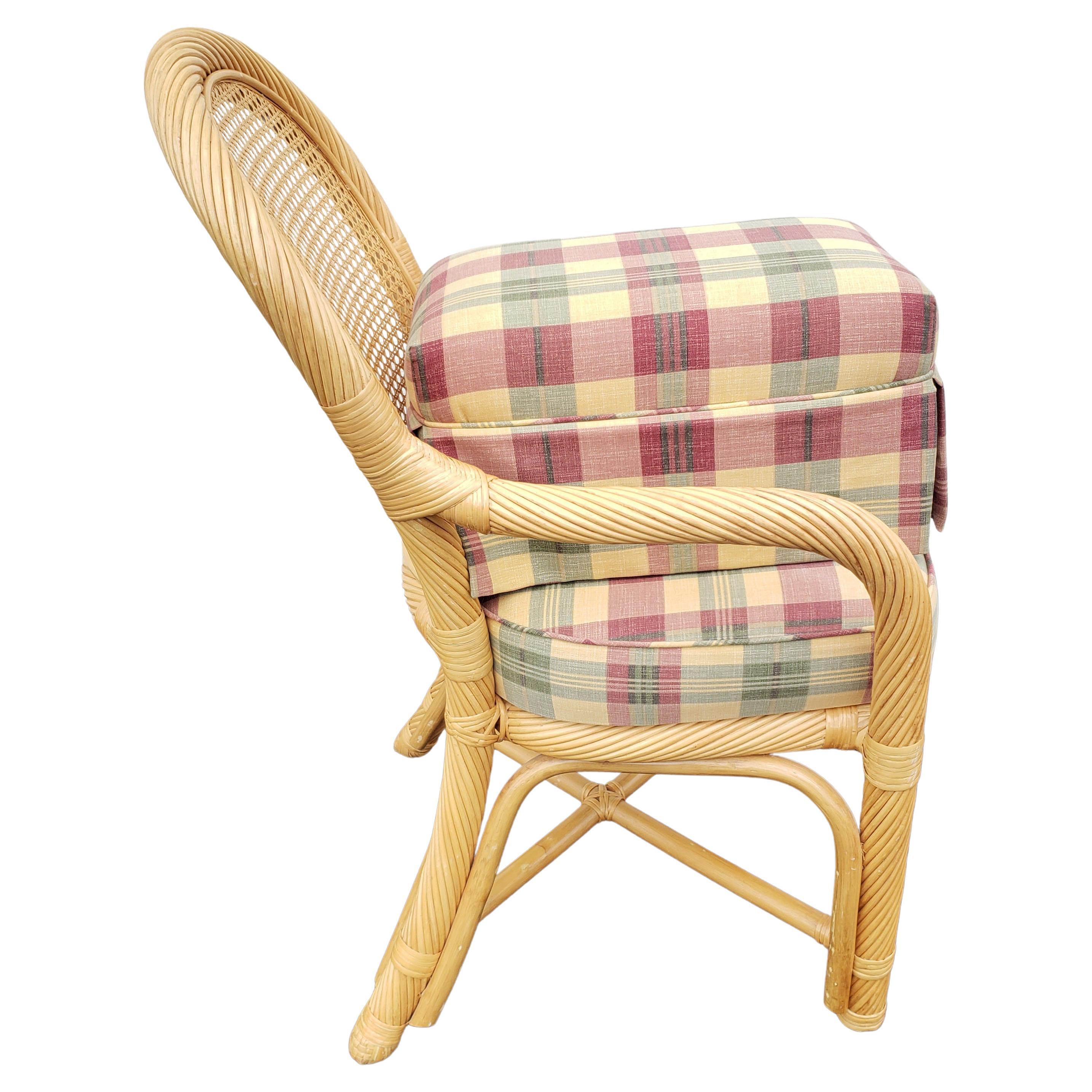 Hand-Crafted Rattan Wicker Caned Back Upholstered Chair with Ottoman, Circa 1980s For Sale