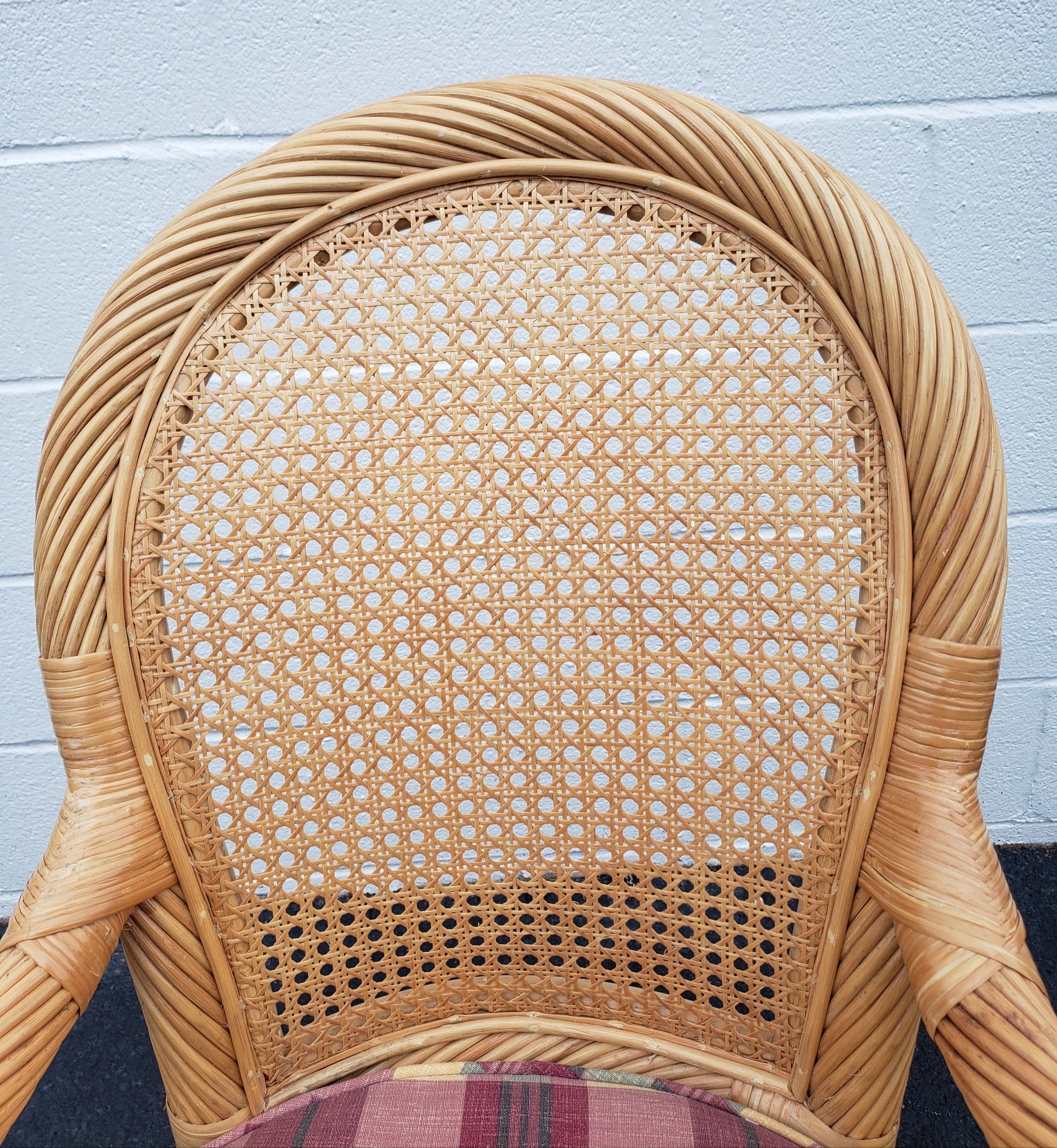 Rattan Wicker Caned Back Upholstered Chair with Ottoman, Circa 1980s In Excellent Condition For Sale In Germantown, MD