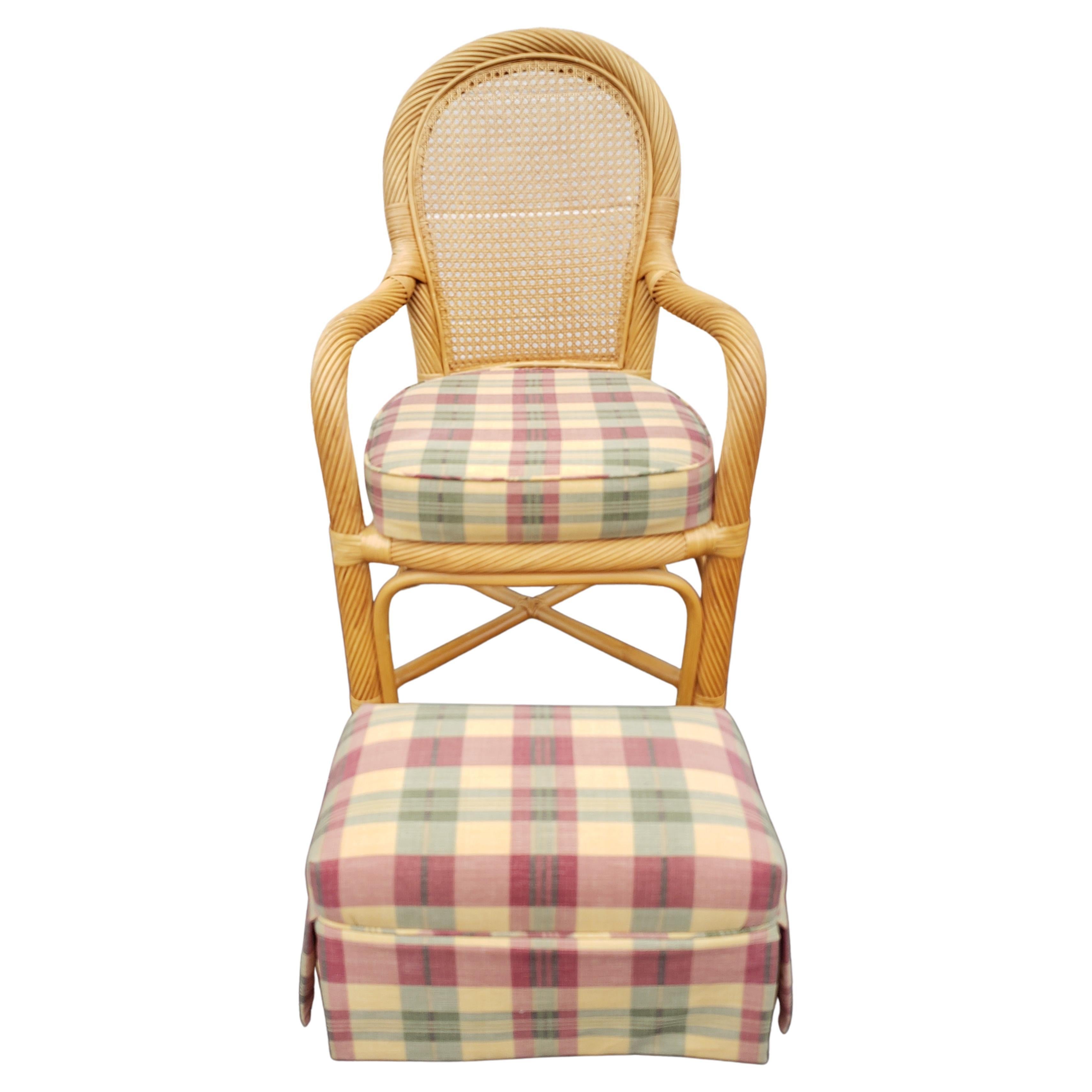 Upholstery Rattan Wicker Caned Back Upholstered Chair with Ottoman, Circa 1980s For Sale
