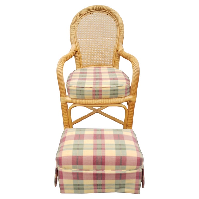 Rattan Wicker Caned Back Upholstered Chair with Ottoman, Circa 1980s For Sale 1