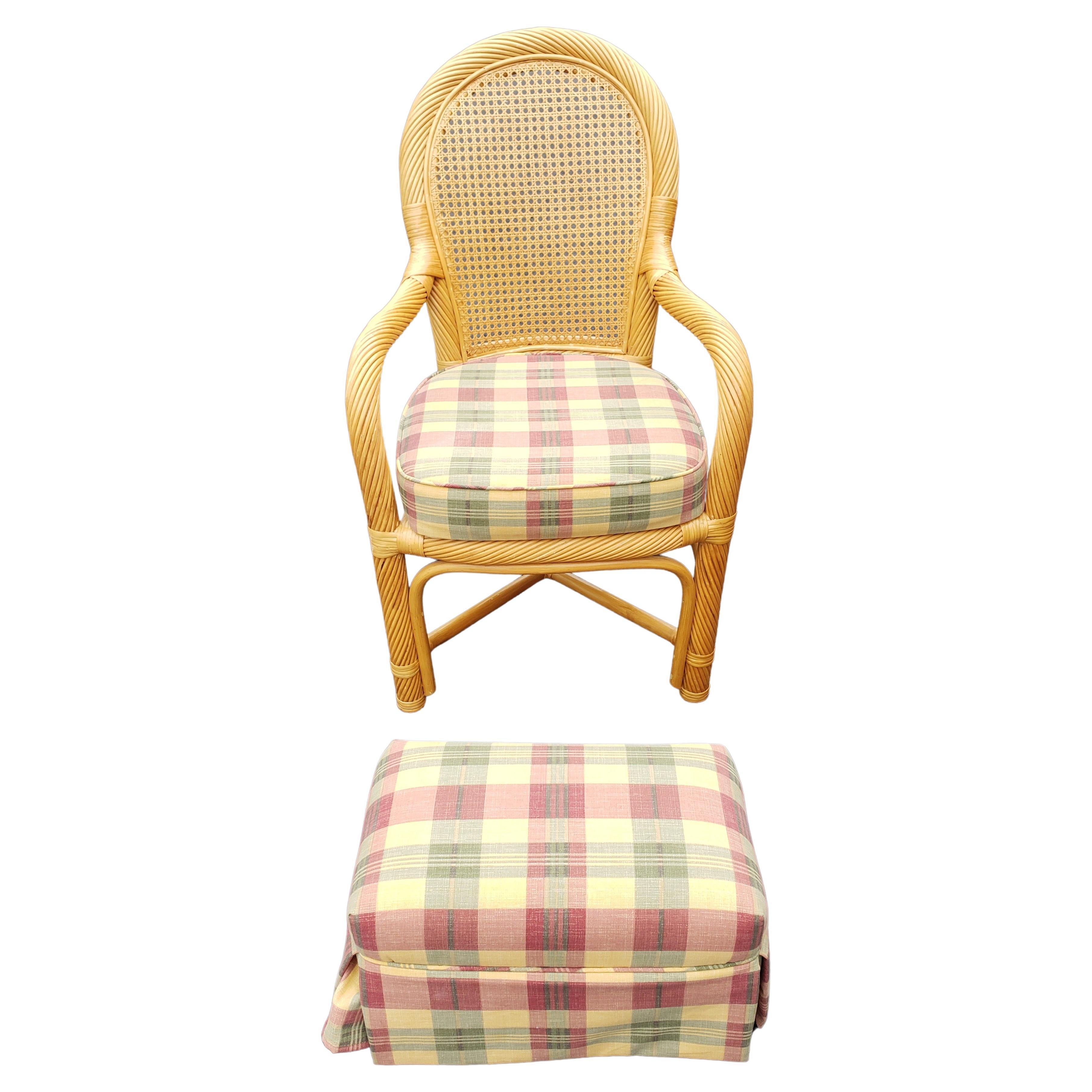 Rattan Wicker Caned Back Upholstered Chair with Ottoman, Circa 1980s