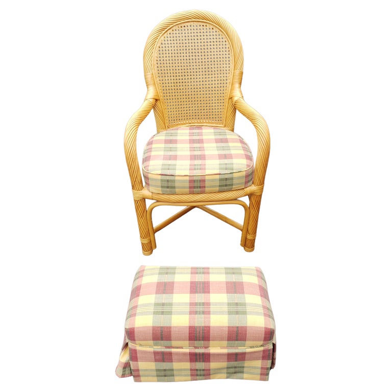 Rattan Wicker Caned Back Upholstered Chair with Ottoman, Circa 1980s For Sale