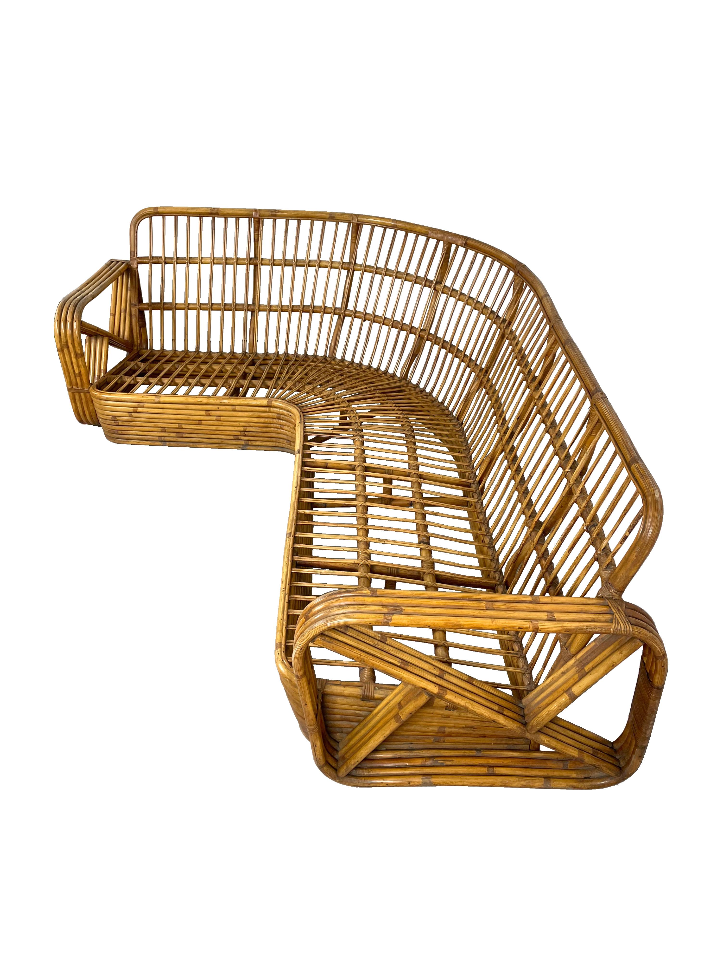 Mid-Century Modern Rattan Wicker Corner Pretzel Sofa Paul Frankl Style, Italy, 1940s For Sale