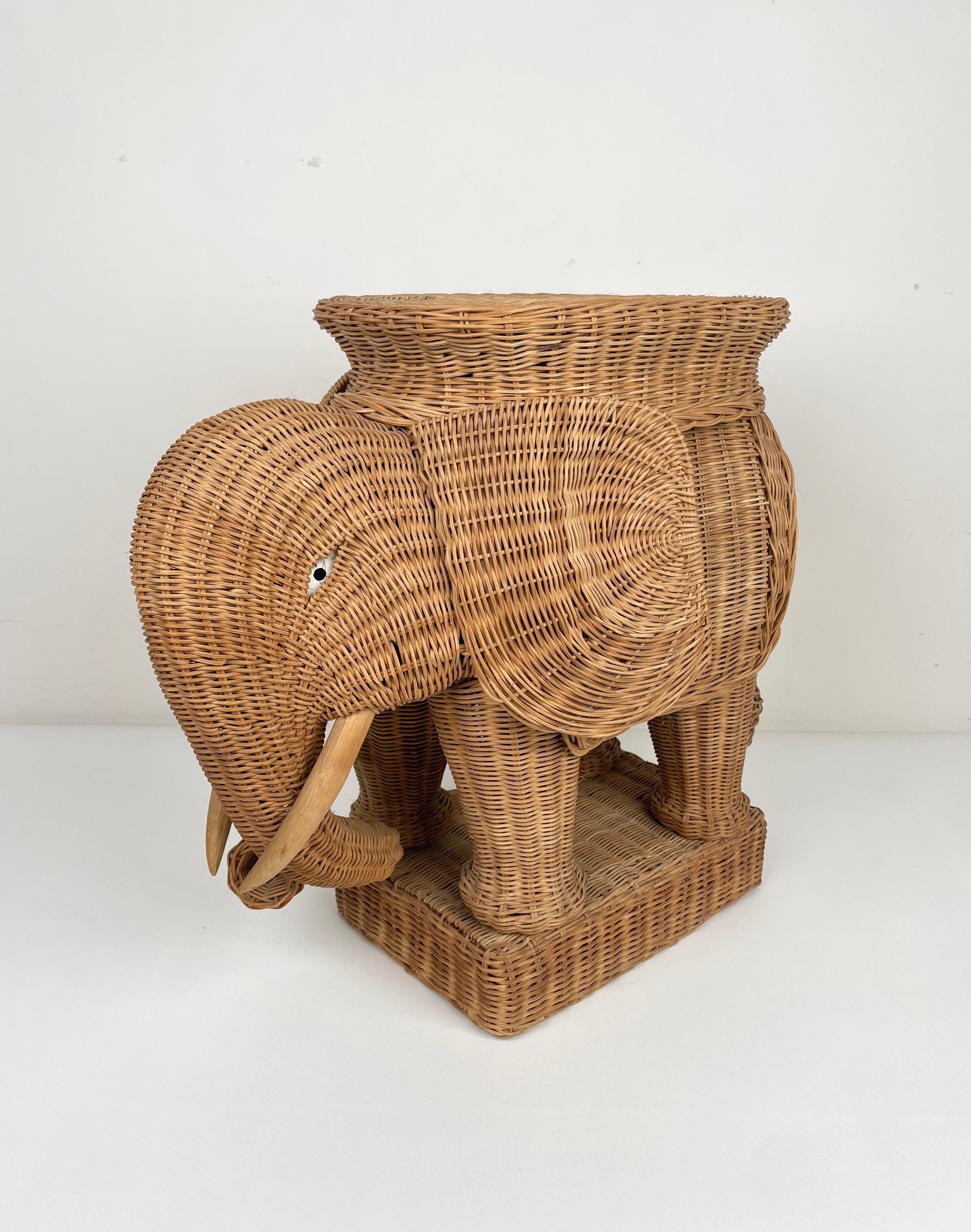 French Rattan Wicker Elephant Side Coffee Table, France 1960s