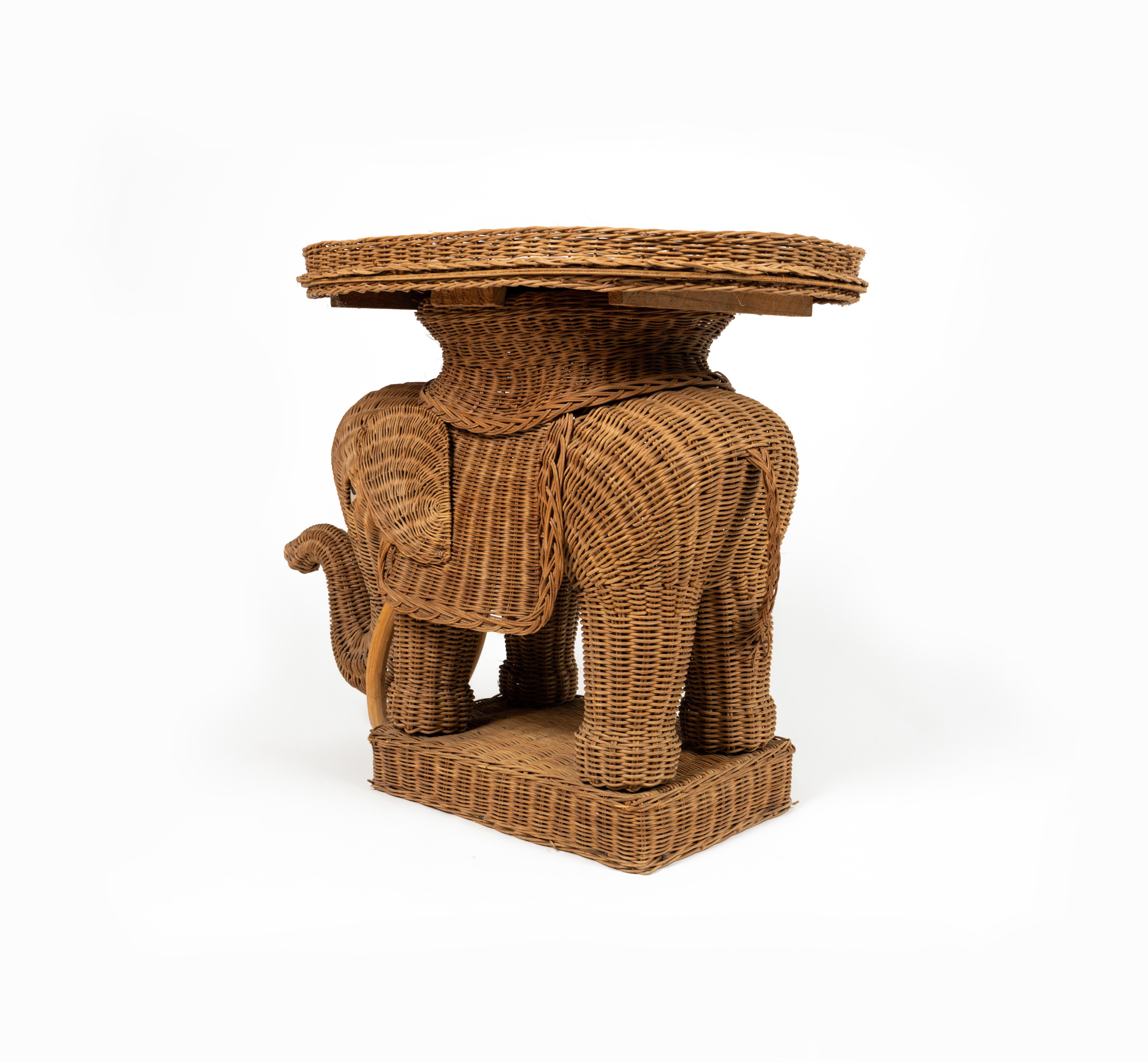 Table basse d'appoint en rotin et osier avec éléphant, style Vivai Del Sud, Italie, années 1960 en vente 5