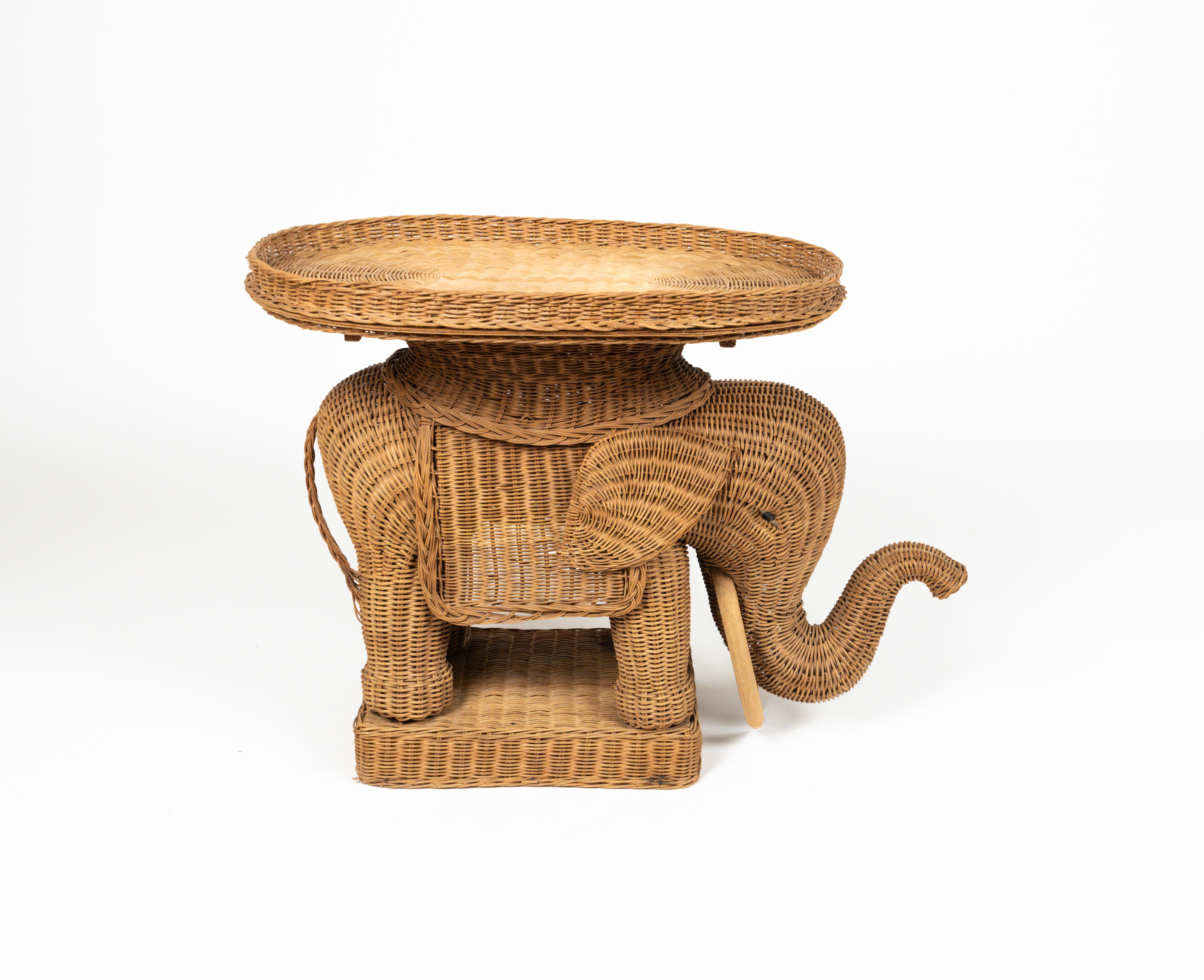 Table basse d'appoint en rotin et osier avec éléphant, style Vivai Del Sud, Italie, années 1960 en vente 10
