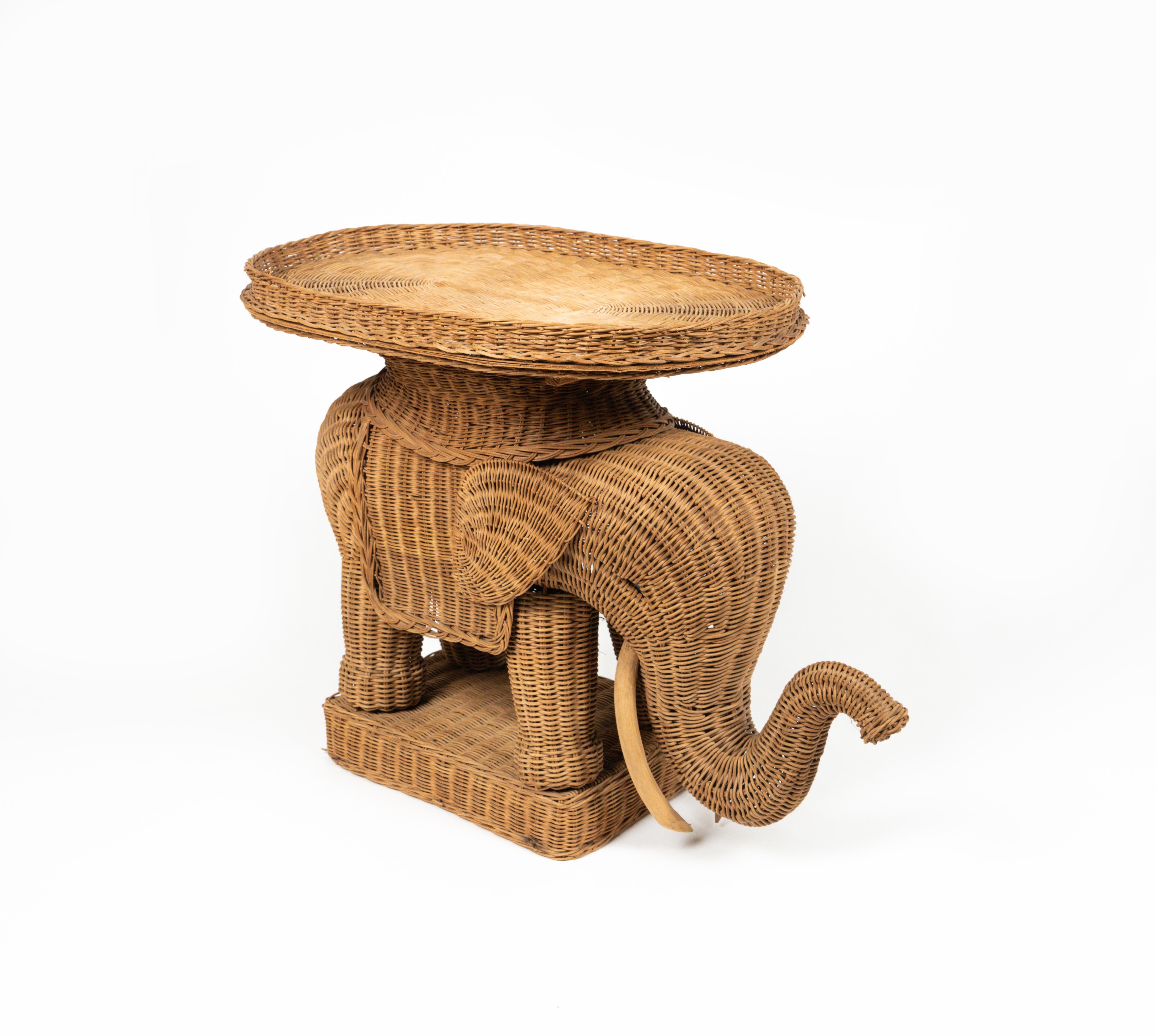 Mid-Century Modern Rattan & Wicker Elephant Side Coffee Table Vivai Del Sud Style, Italy, 1960s For Sale
