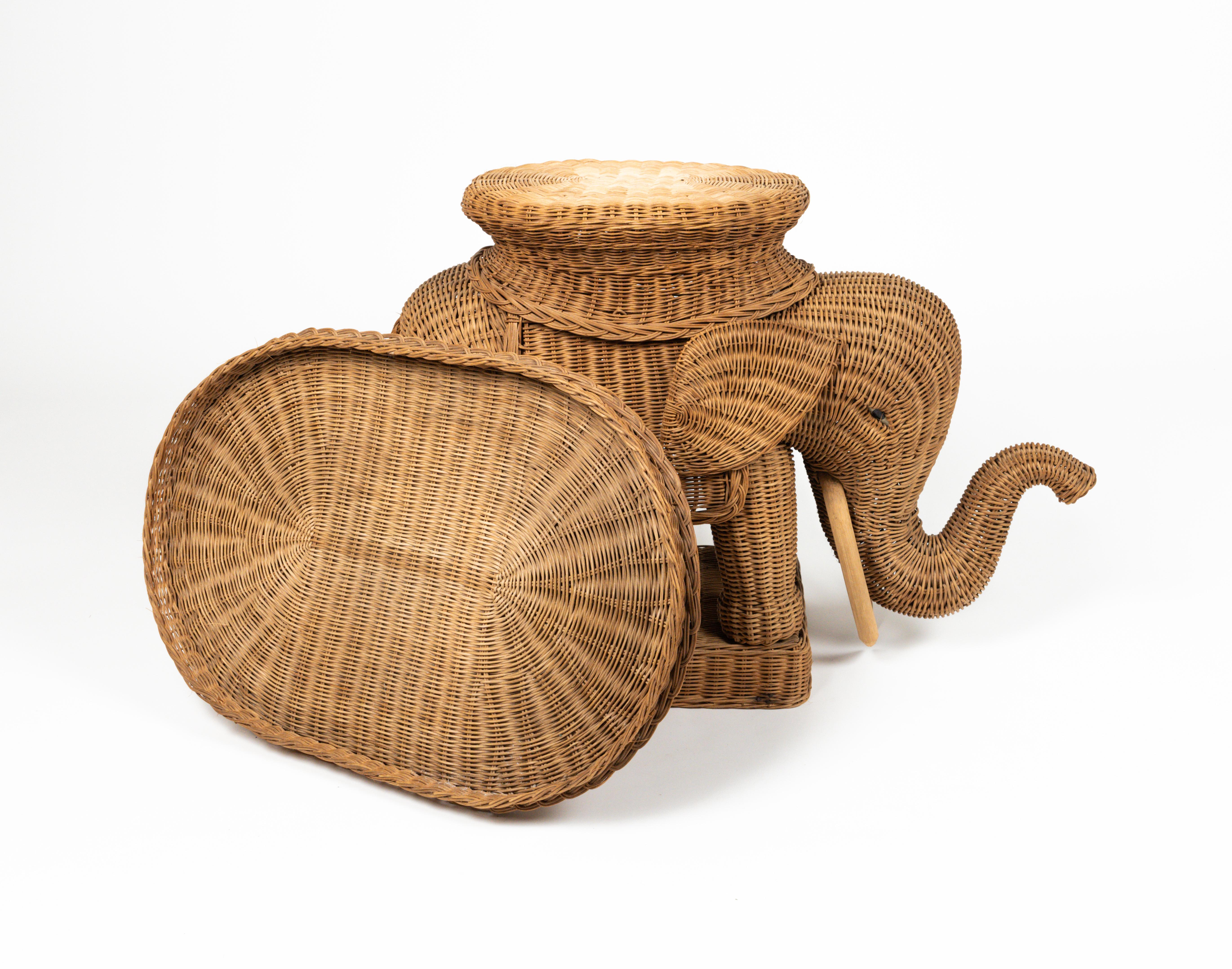 Italian Rattan & Wicker Elephant Side Coffee Table Vivai Del Sud Style, Italy, 1960s For Sale