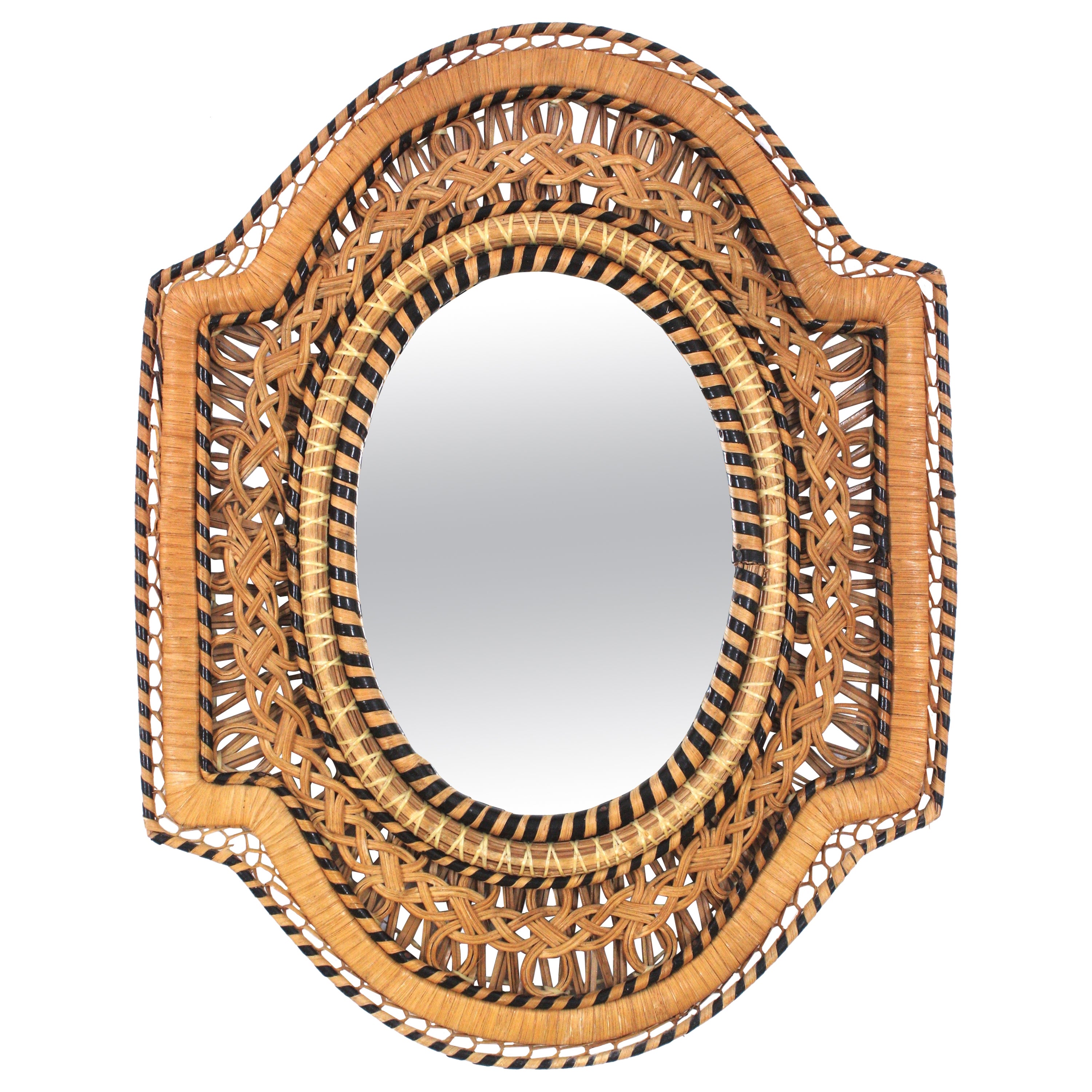 Rattan & Wicker Filigree Peacock Wall Mirror For Sale