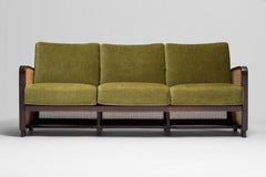 Rattan Wicker Green Mohair Sofa Loveseat, 1940s-1950s, Europe