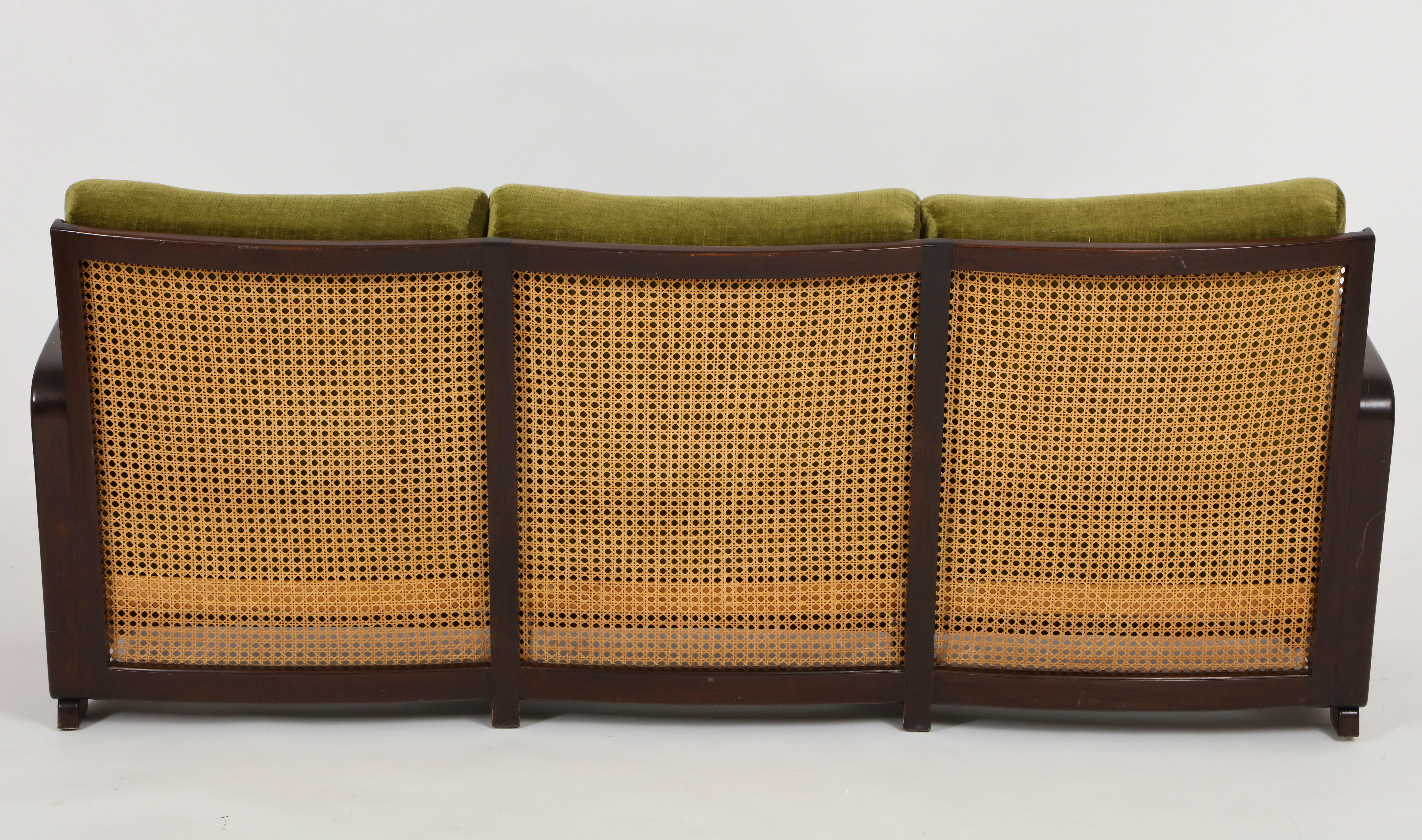 Mid-Century Modern Rattan Wicker Green Mohair Sofa Loveseat, 1940s-1950s, Europe