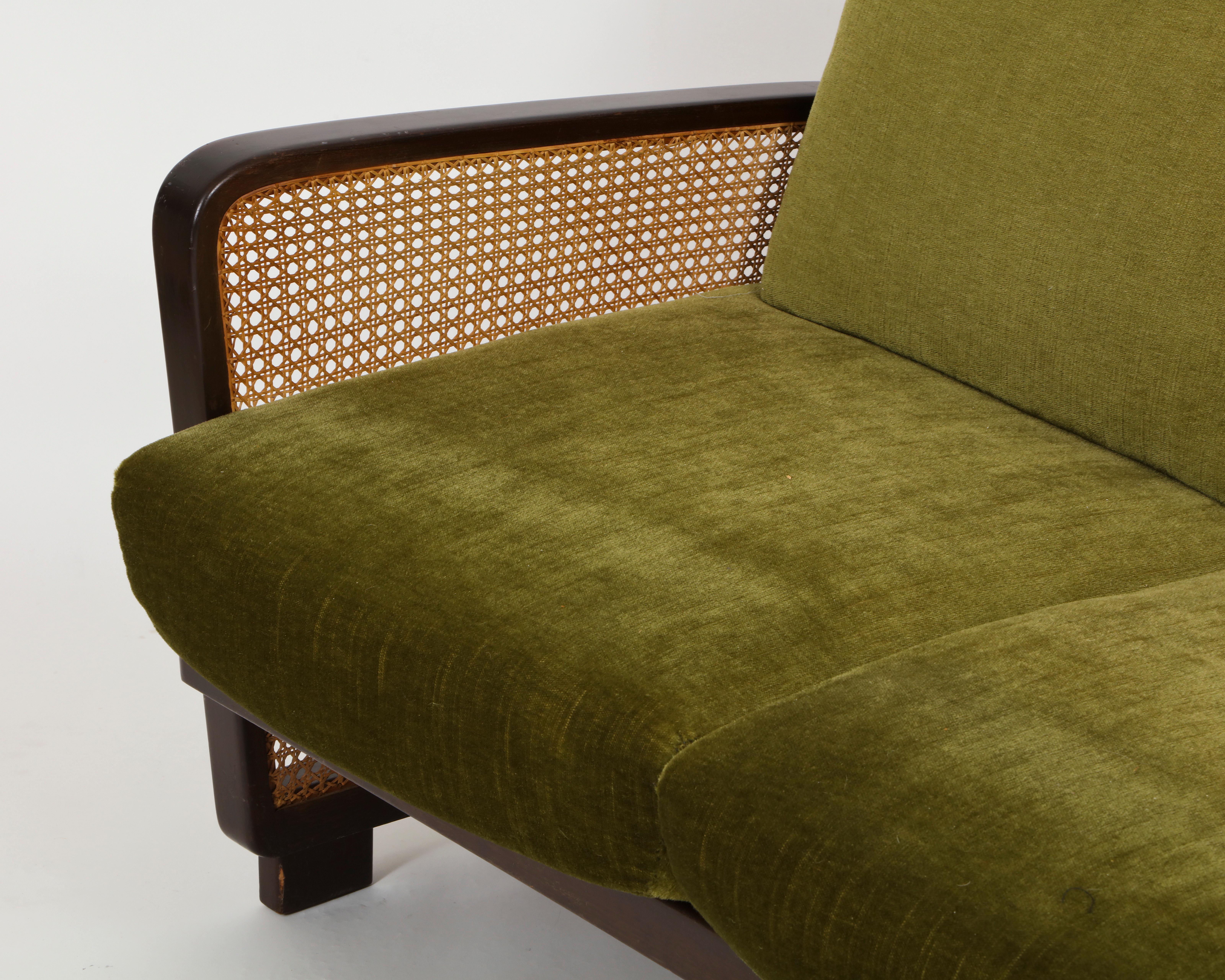 French Rattan Wicker Green Mohair Sofa Loveseat, 1940s-1950s, Europe