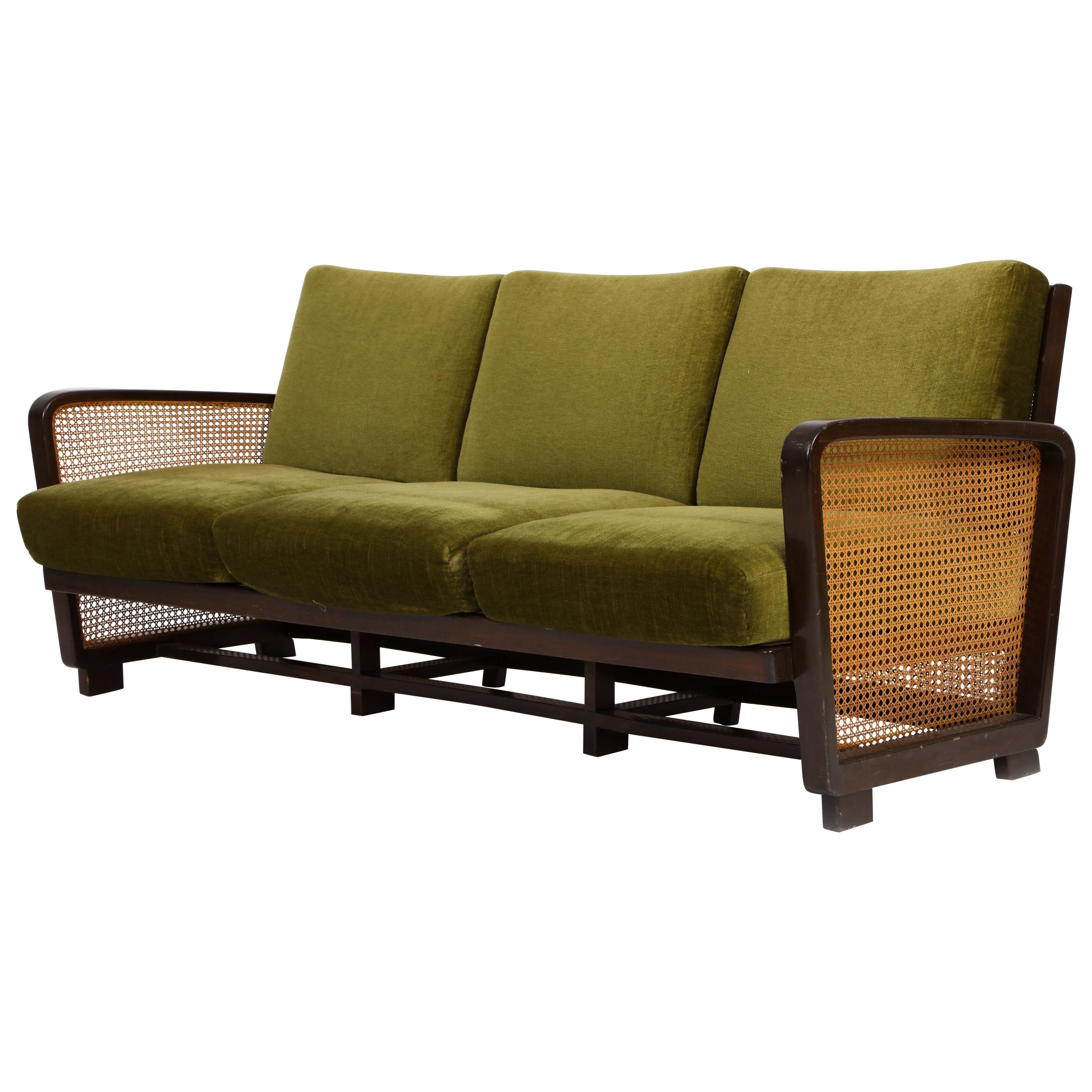 Rattan Wicker Green Mohair Sofa Loveseat, 1940s-1950s, Europe