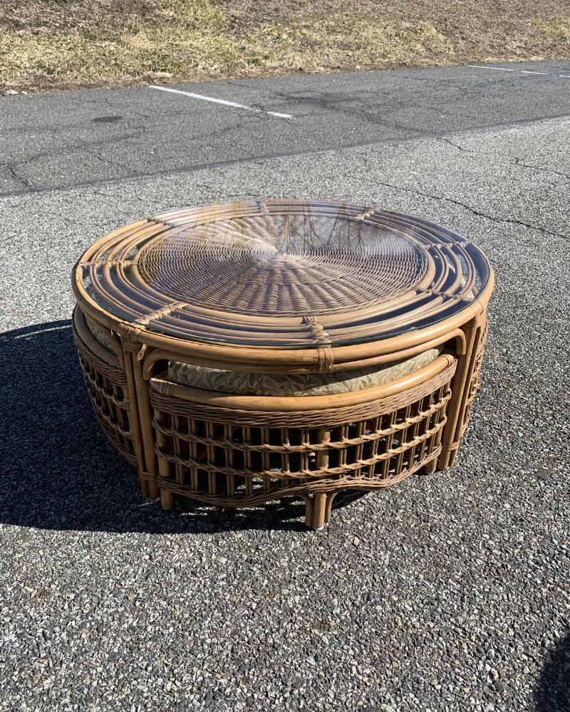 Late 20th Century Rattan Wicker Low Table Hideaway Nesting Chairs Bamboo Boho Chic - Set of 5