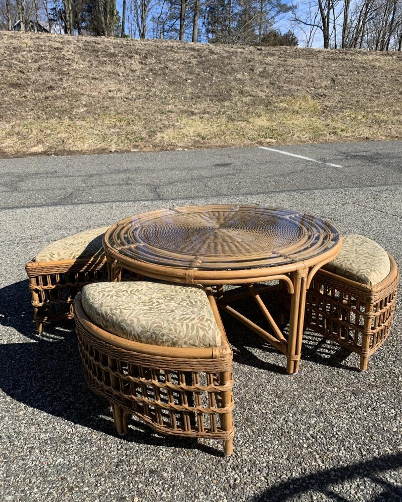 Rattan Wicker Low Table Hideaway Nesting Chairs Bamboo Boho Chic - Set of 5 2