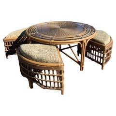 Rattan Wicker Low Table Hideaway Nesting Chairs Bamboo Boho Chic - Set of 5