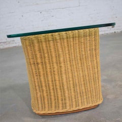 Rattan Wicker Organic Modern Side Table with Thick Glass Top