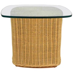 Used Rattan Wicker Organic Modern Side Table with Thick Glass Top