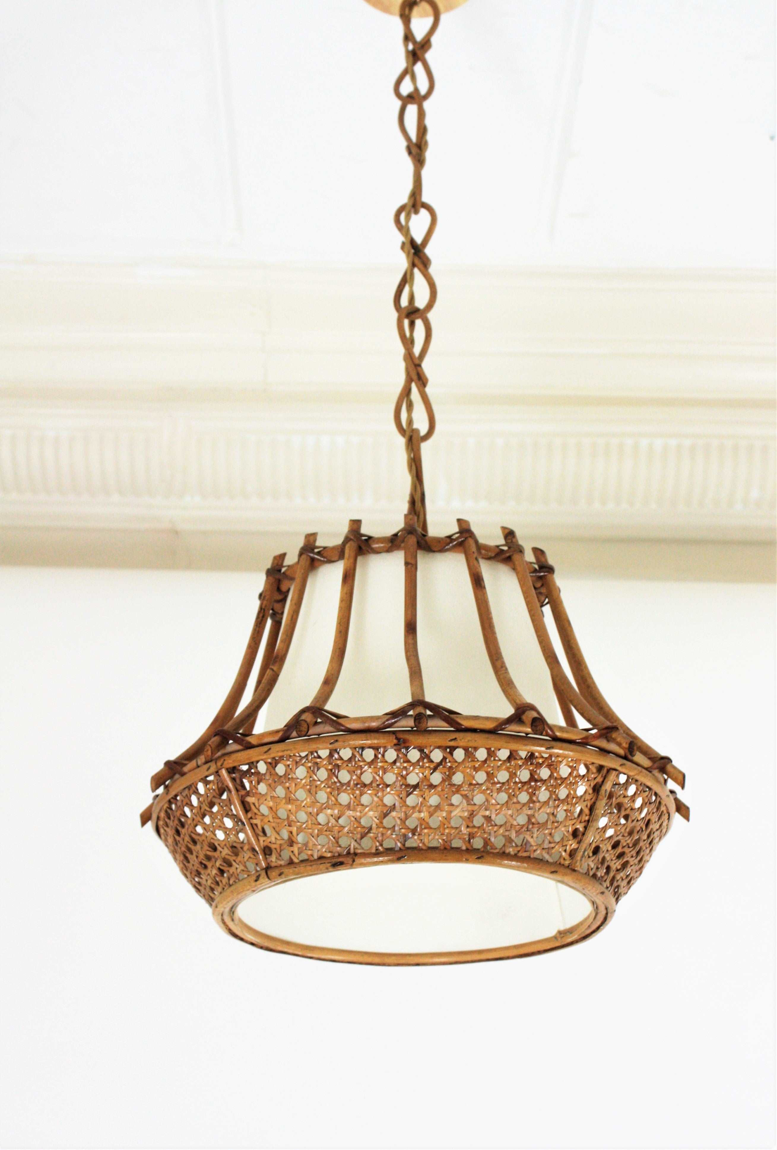 French Rattan Wicker Pagoda Pendant Light or Lantern, 1960s For Sale