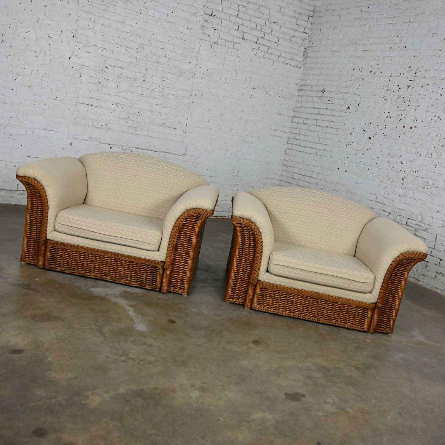 Rattan Wicker Pair of Oversized Lounge Chairs Manner of Michael Taylor For Sale 1