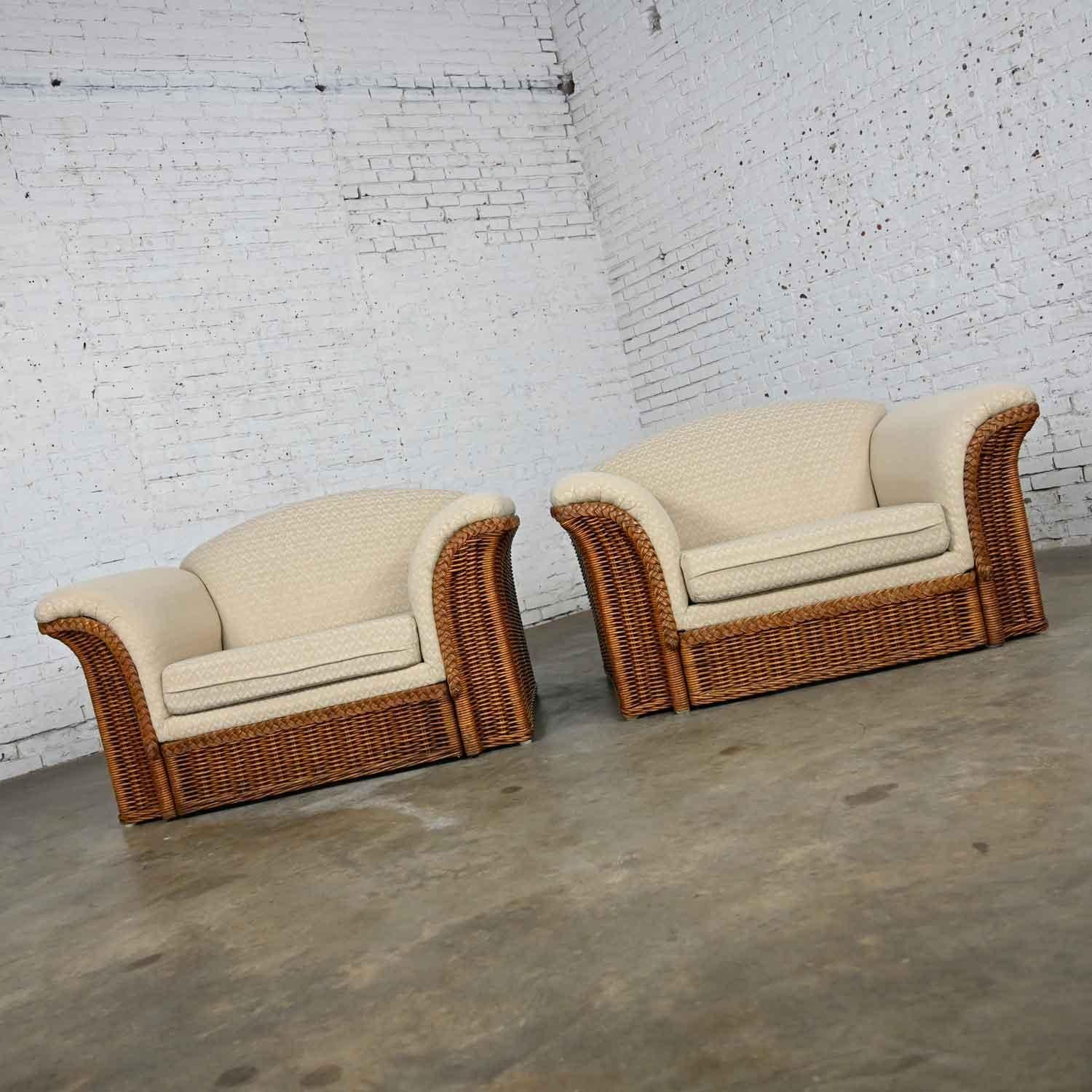 Rattan Wicker Pair of Oversized Lounge Chairs Manner of Michael Taylor For Sale 2
