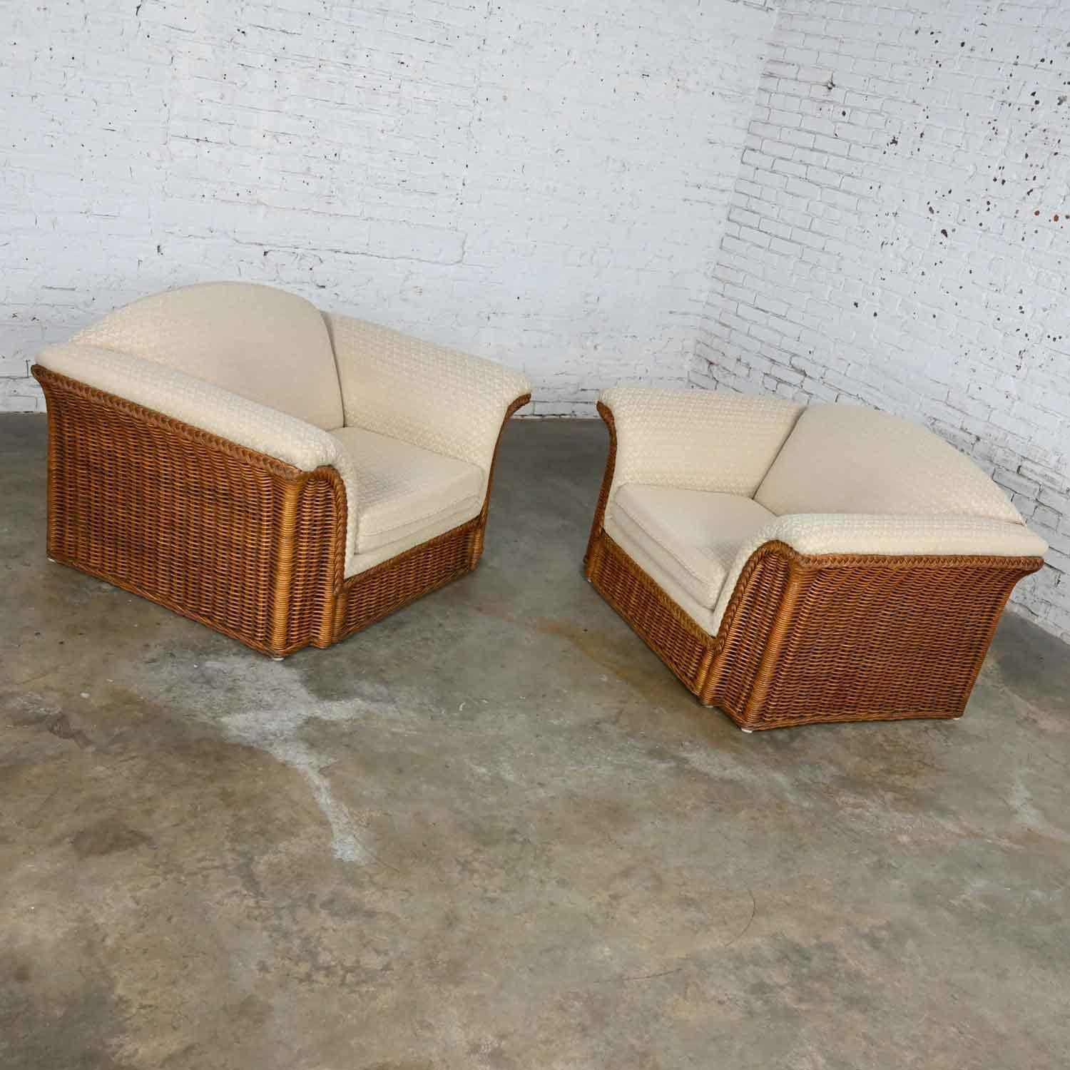 Rattan Wicker Pair of Oversized Lounge Chairs Manner of Michael Taylor For Sale 3