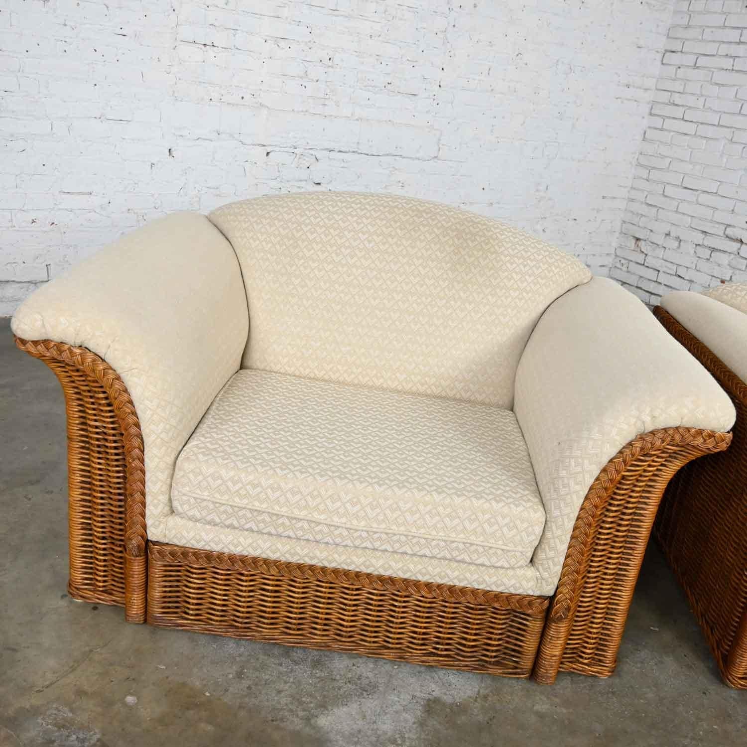 Rattan Wicker Pair of Oversized Lounge Chairs Manner of Michael Taylor For Sale 5
