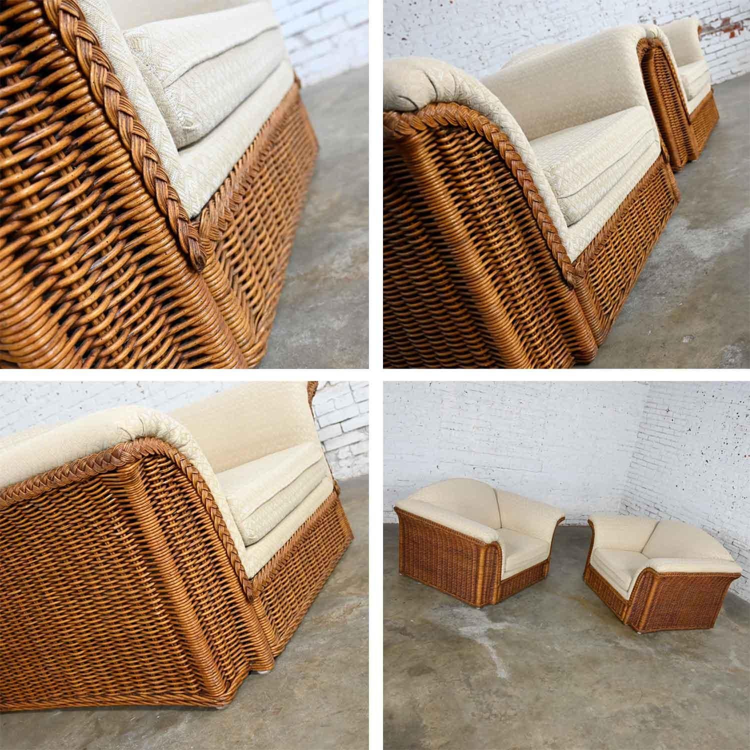 Rattan Wicker Pair of Oversized Lounge Chairs Manner of Michael Taylor 9