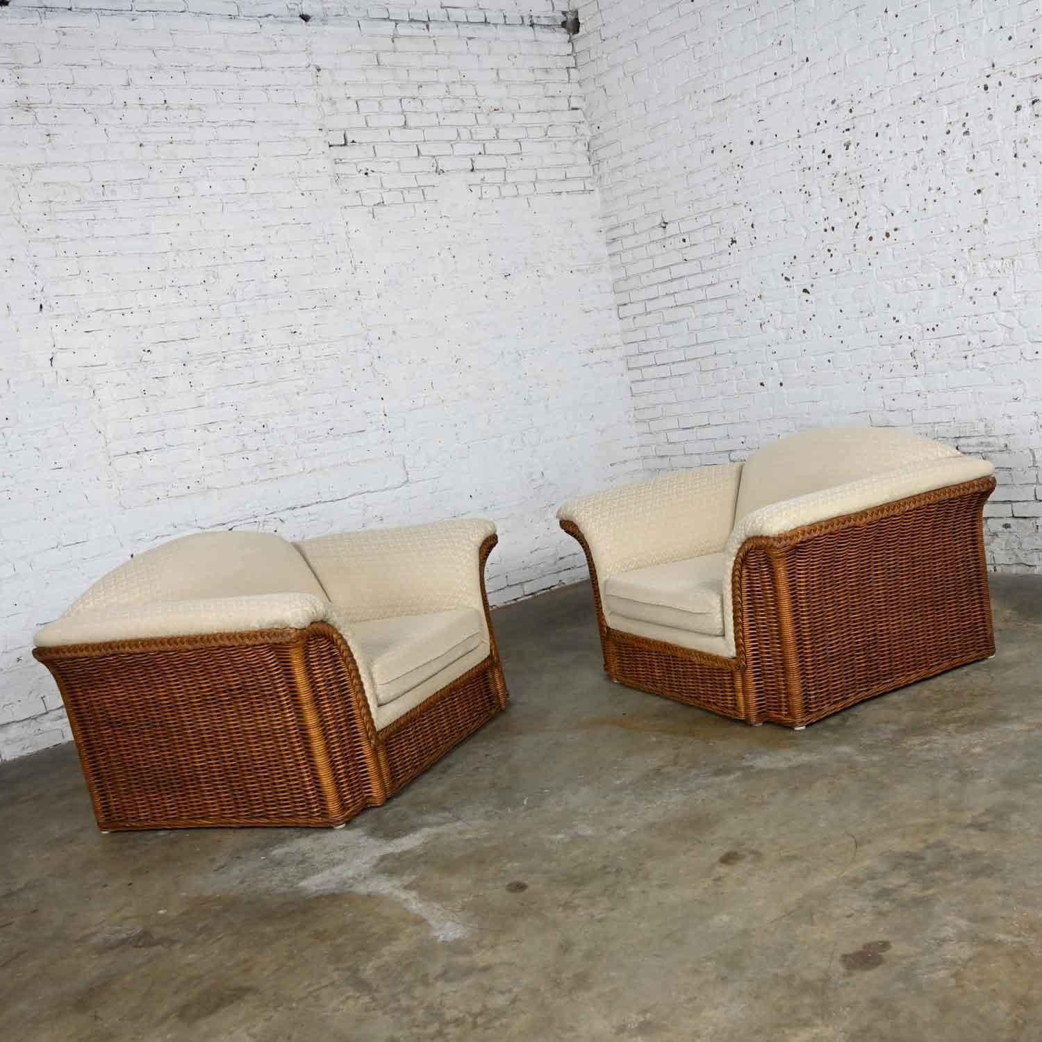 Fabric Rattan Wicker Pair of Oversized Lounge Chairs Manner of Michael Taylor For Sale