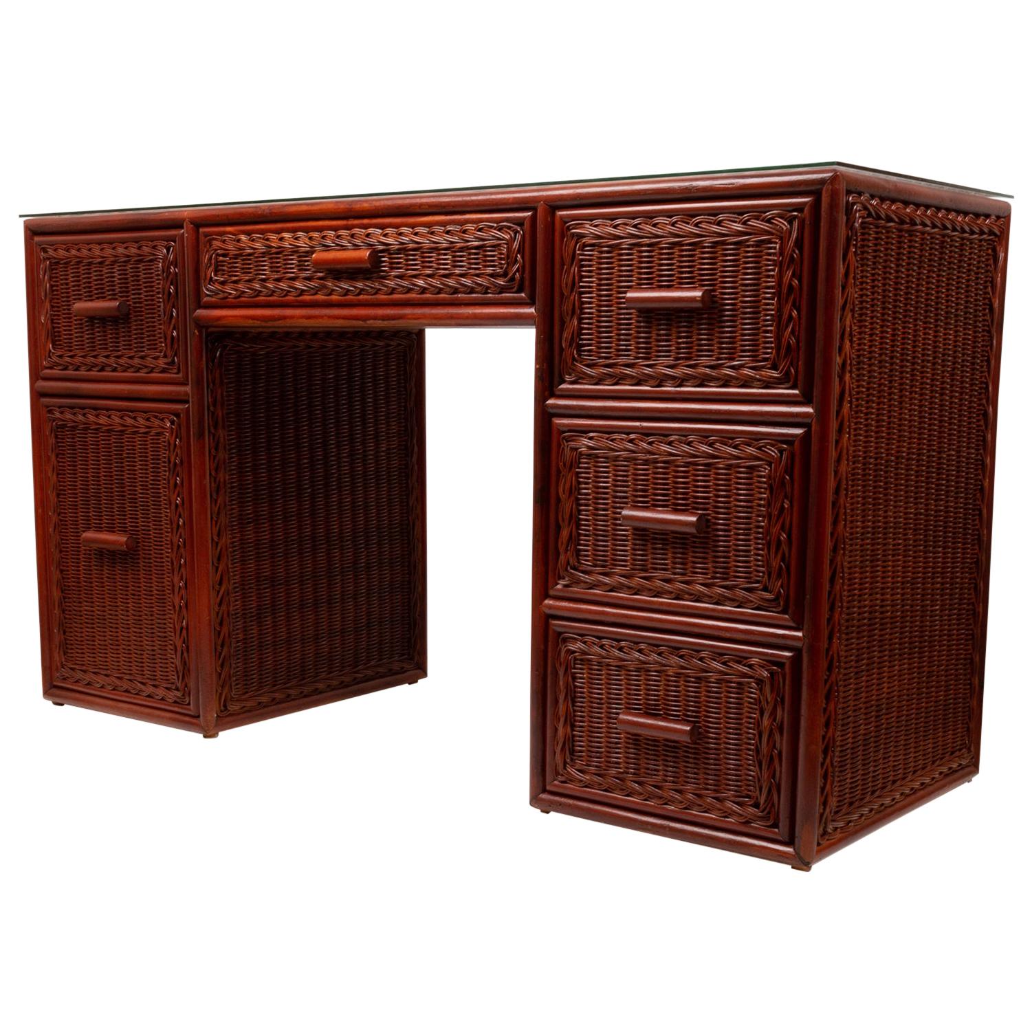 Rattan Wicker Pedestal Desk, Spain, circa 1980 For Sale