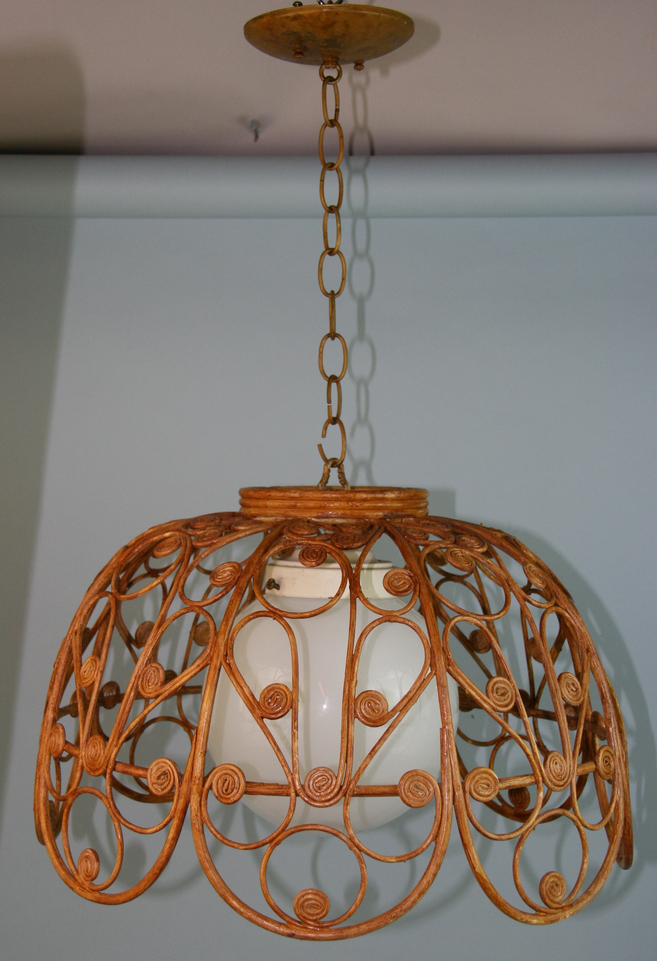 Spanish Rattan Wicker Pendant with Glass Globe, circa 1940's