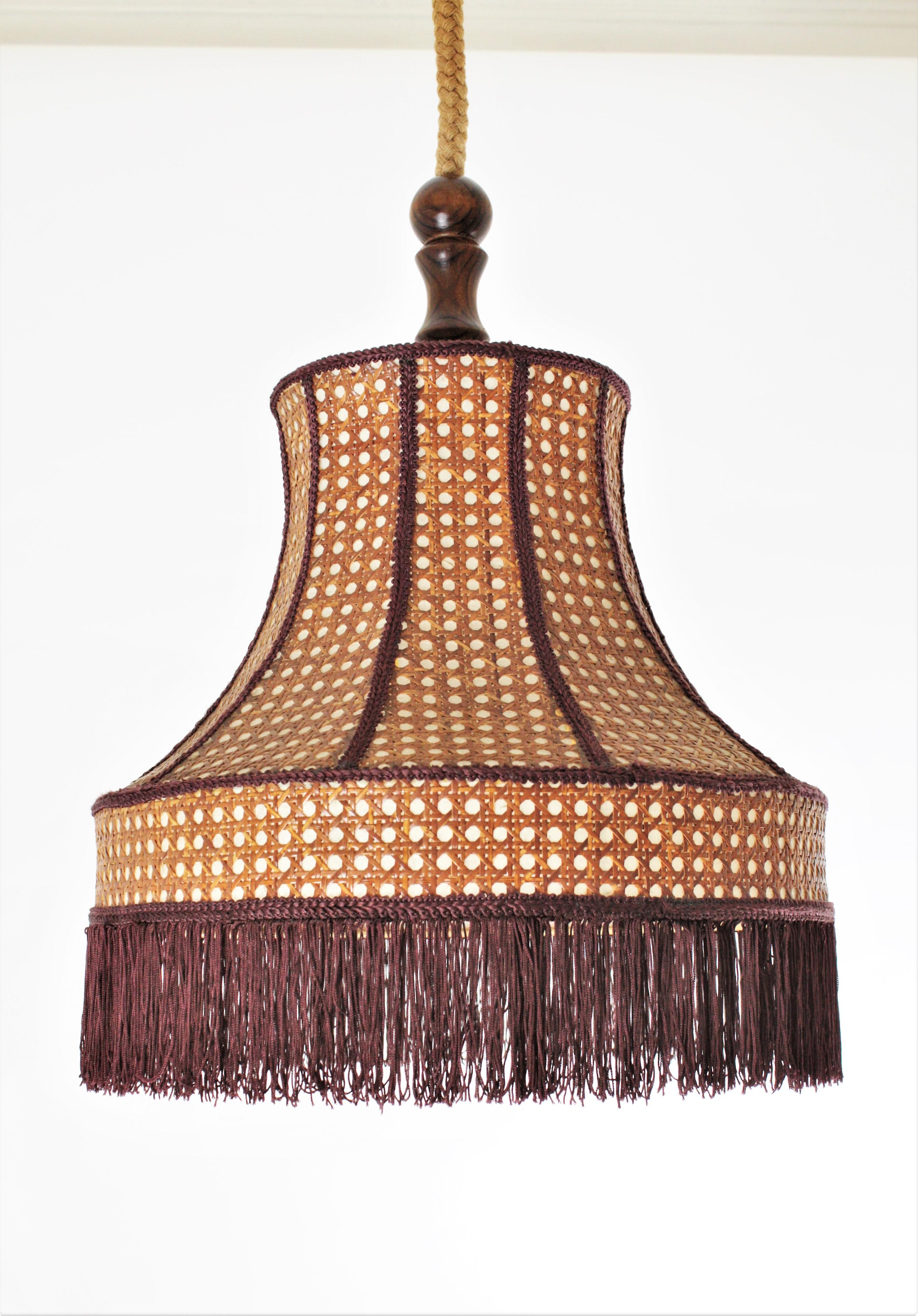 Rattan Wicker Pendant Hanging Lamp with Pagoda Shape and Fringed Bottom 4