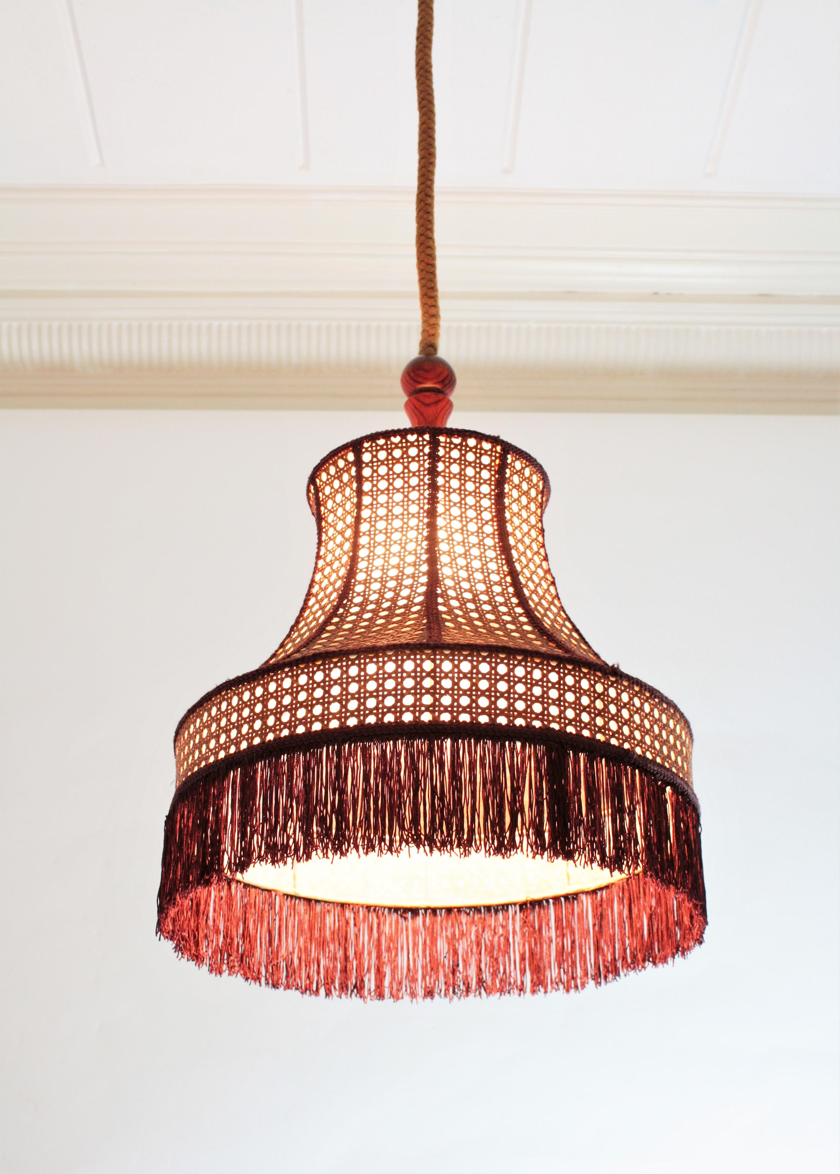 Rattan Wicker Pendant Hanging Lamp with Pagoda Shape and Fringed Bottom 11